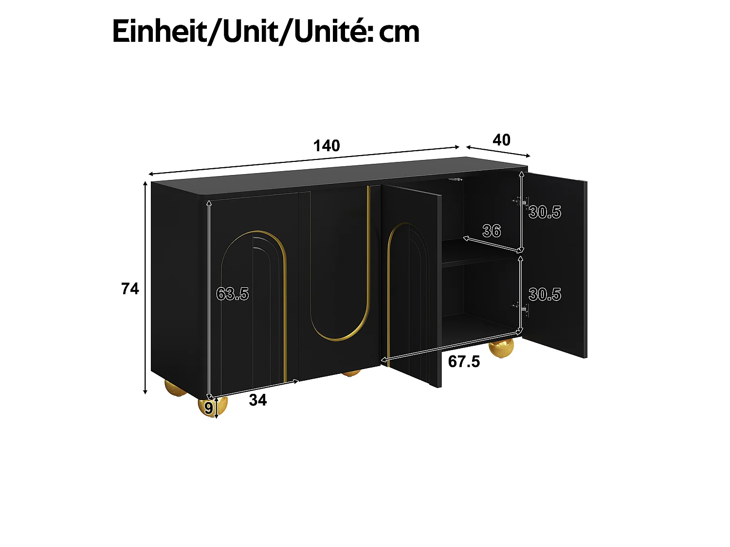 Four-door sideboard with gold arch motif and interior shelves - Particleboard and MDF - 140 × 40 × 74 cm - Black