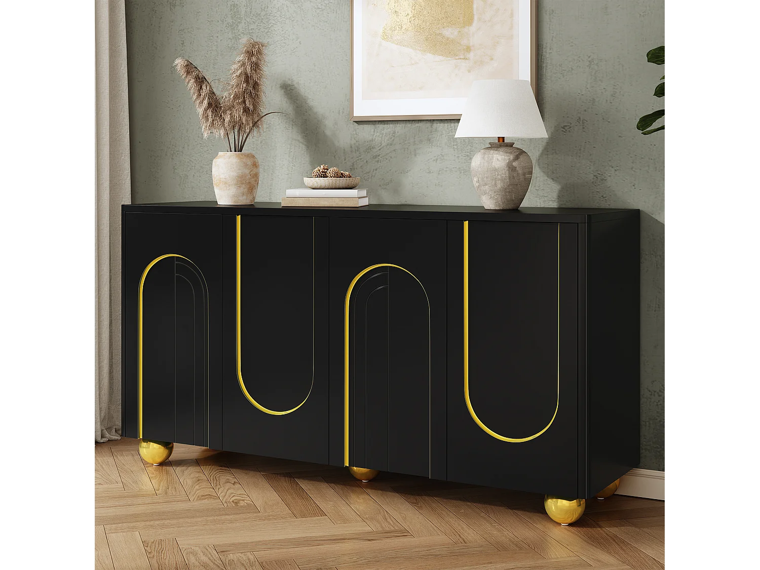 Four-door sideboard with gold arch motif and interior shelves - Particleboard and MDF - 140 × 40 × 74 cm - Black