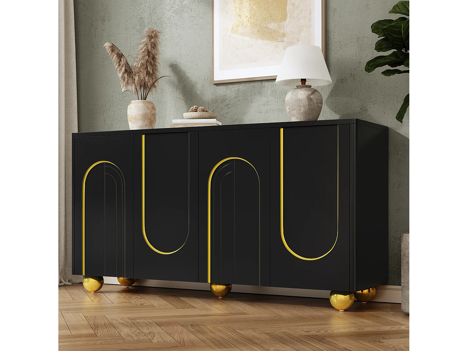 Four-door sideboard with gold arch motif and interior shelves - Particleboard and MDF - 140 × 40 × 74 cm - Black