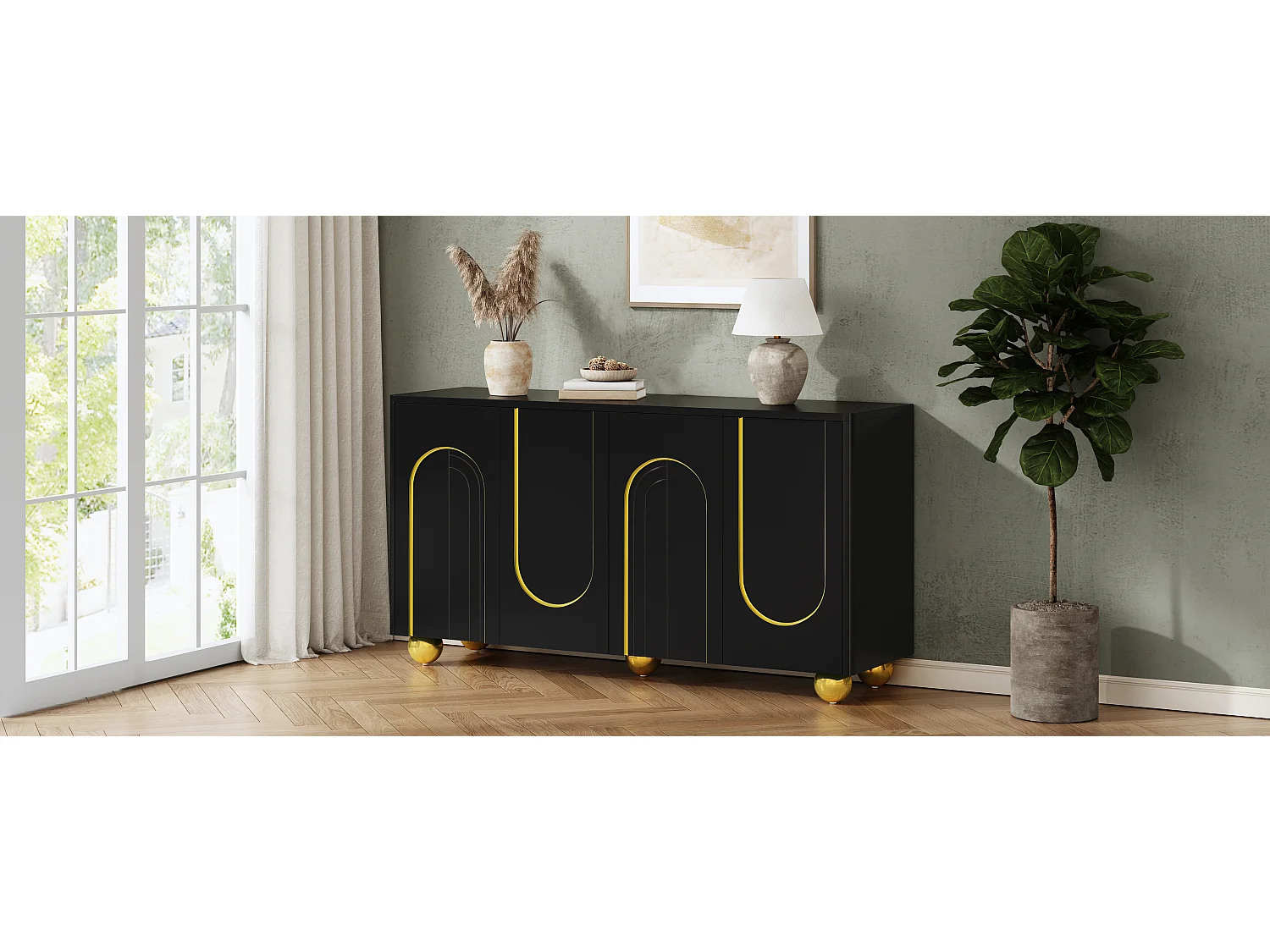 Four-door sideboard with gold arch motif and interior shelves - Particleboard and MDF - 140 × 40 × 74 cm - Black