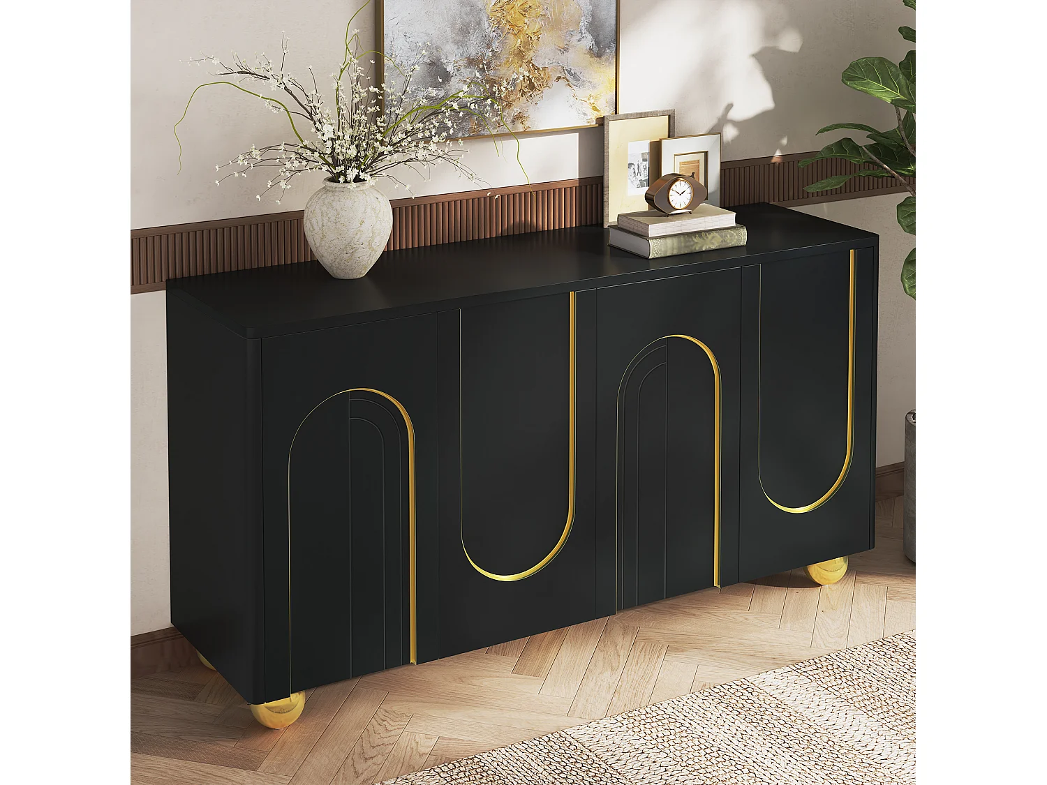 Four-door sideboard with gold arch motif and interior shelves - Particleboard and MDF - 140 × 40 × 74 cm - Black