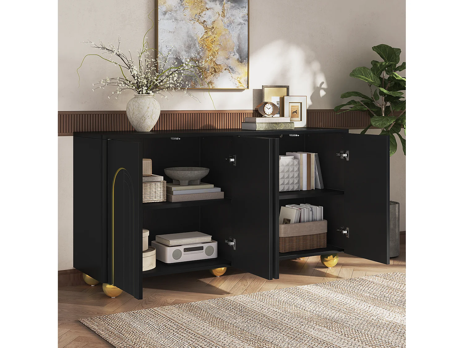 Four-door sideboard with gold arch motif and interior shelves - Particleboard and MDF - 140 × 40 × 74 cm - Black