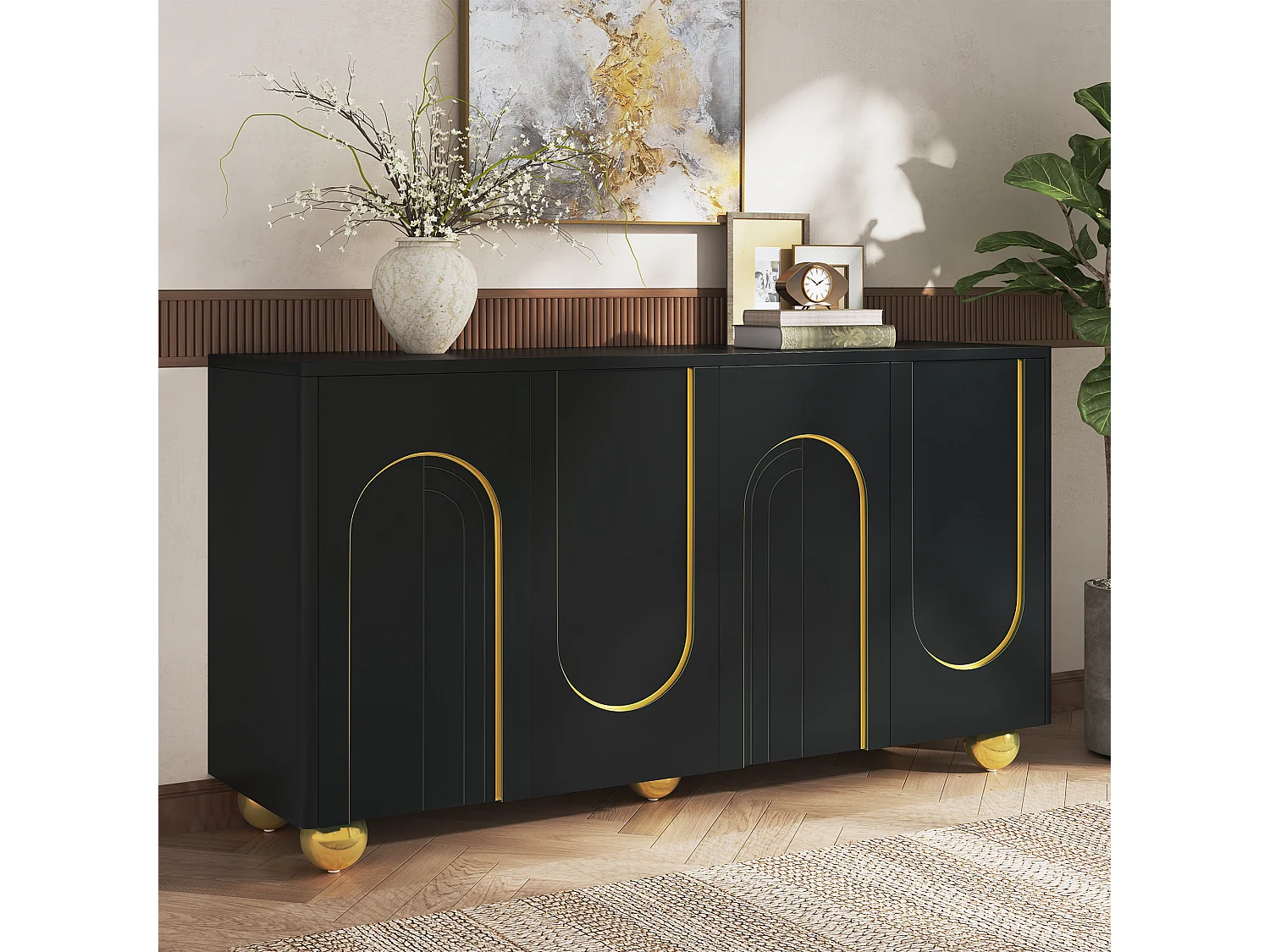 Four-door sideboard with gold arch motif and interior shelves - Particleboard and MDF - 140 × 40 × 74 cm - Black
