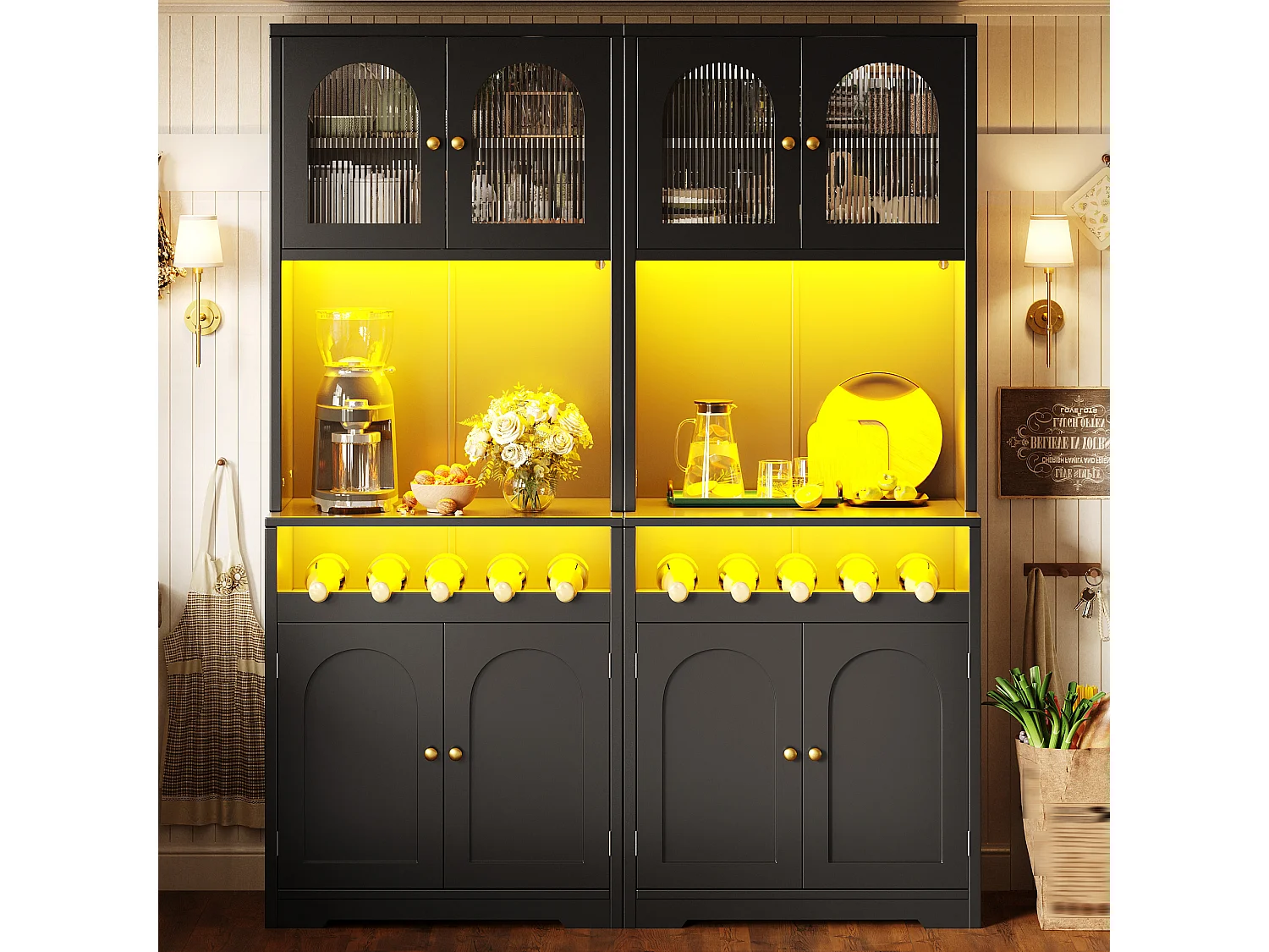 Set of 2 tall kitchen sideboards with LED lighting, 8 curved doors and wine rack - MDF, glass and metal - 140 × 38.3 × 180 cm - Black