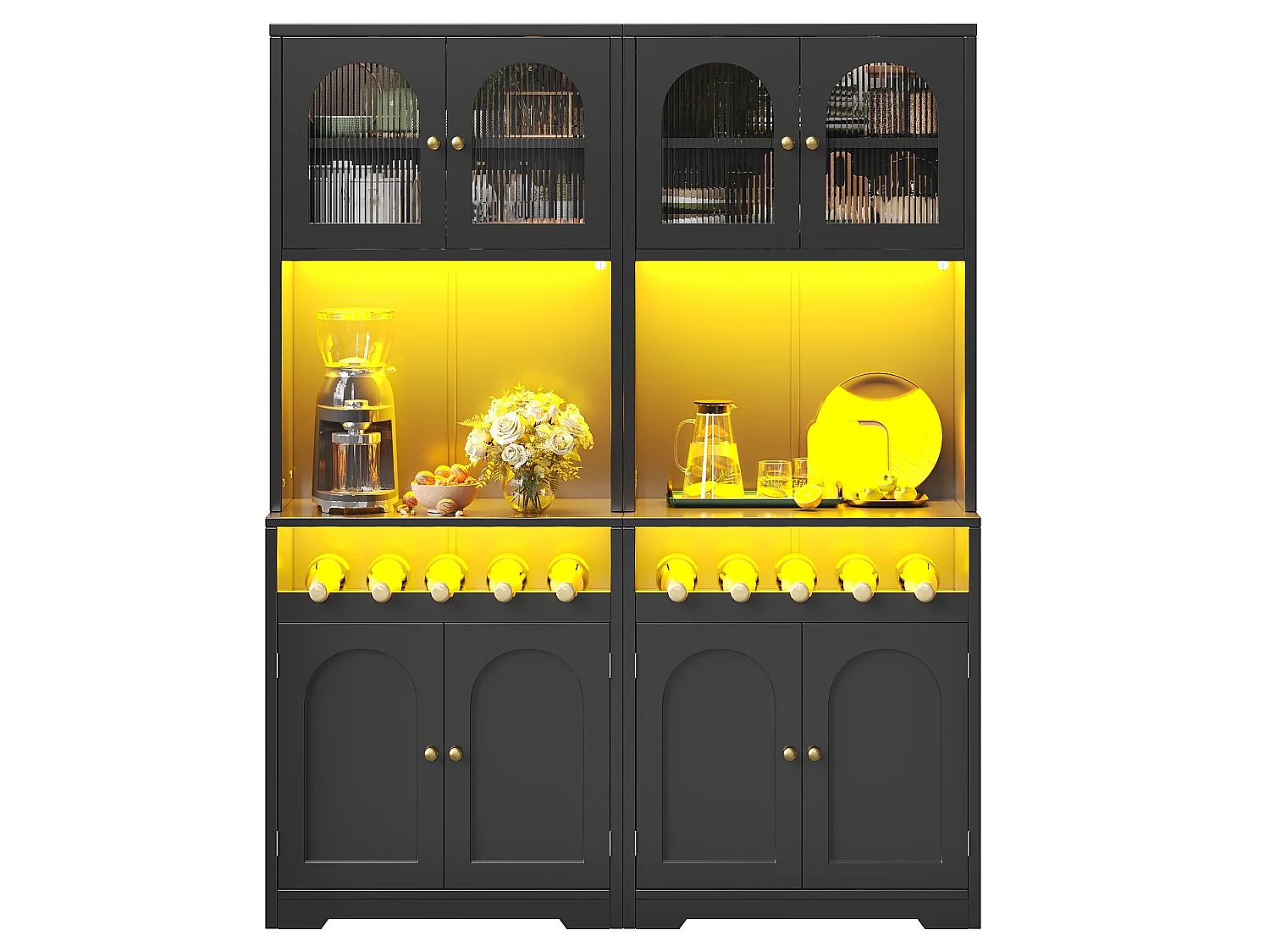 Set of 2 tall kitchen sideboards with LED lighting, 8 curved doors and wine rack - MDF, glass and metal - 140 × 38.3 × 180 cm - Black