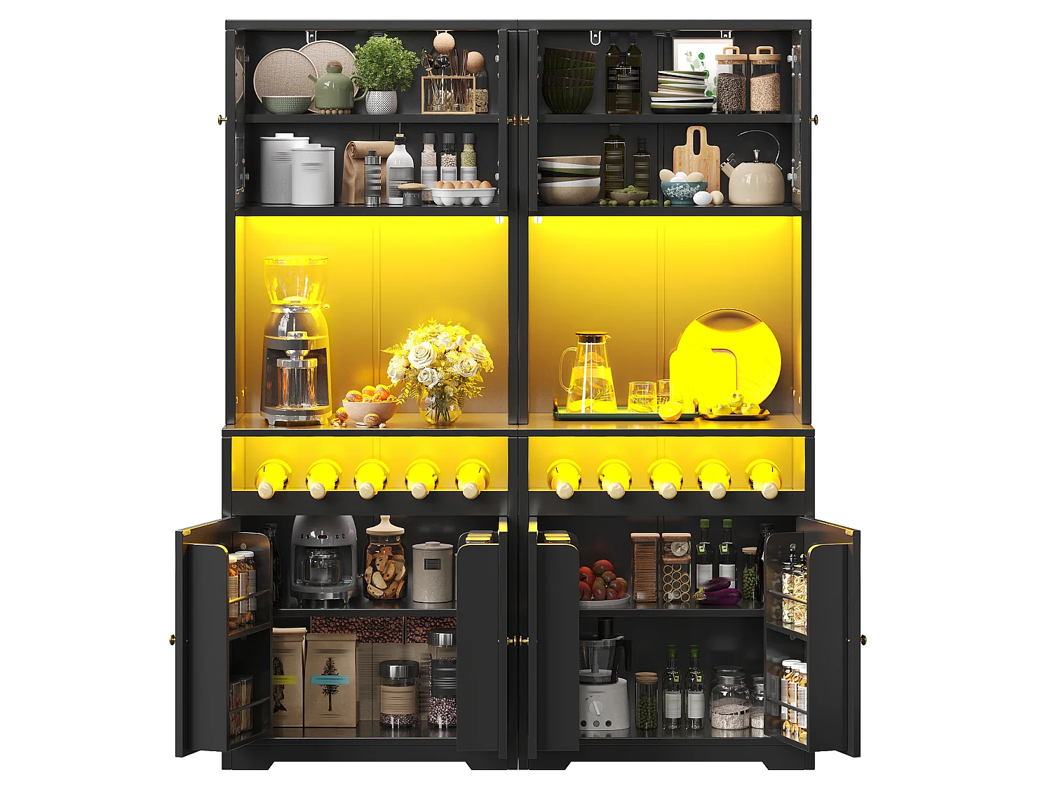 Set of 2 tall kitchen sideboards with LED lighting, 8 curved doors and wine rack - MDF, glass and metal - 140 × 38.3 × 180 cm - Black
