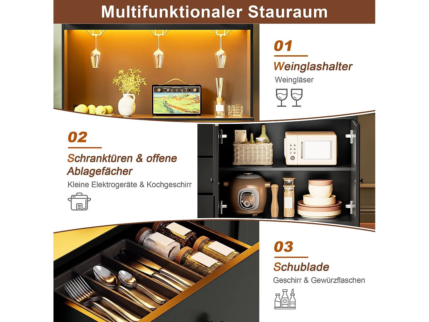 High kitchen sideboard with 5 doors, 1 drawer, LED lighting, electrical outlet, wine rack - MDF - 100 x 40 x 180 cm - Black