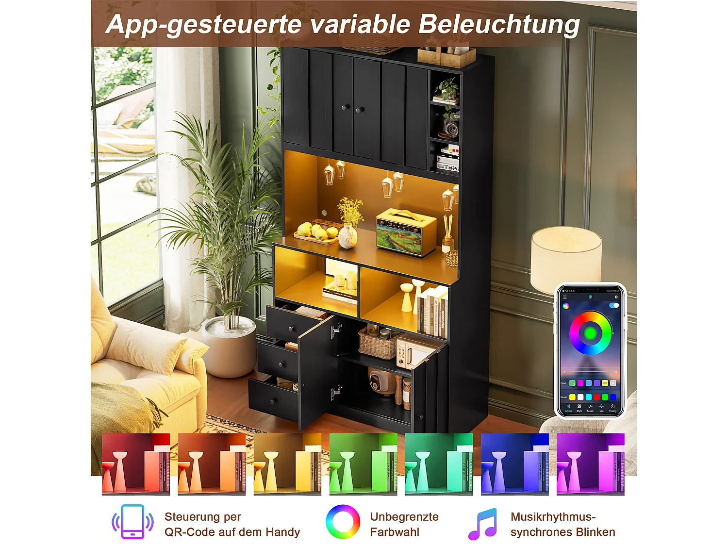 High kitchen sideboard with 5 doors, 1 drawer, LED lighting, electrical outlet, wine rack - MDF - 100 x 40 x 180 cm - Black