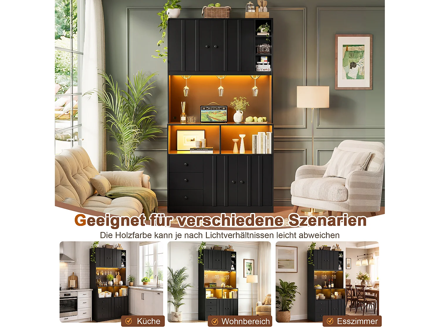 High kitchen sideboard with 5 doors, 1 drawer, LED lighting, electrical outlet, wine rack - MDF - 100 x 40 x 180 cm - Black