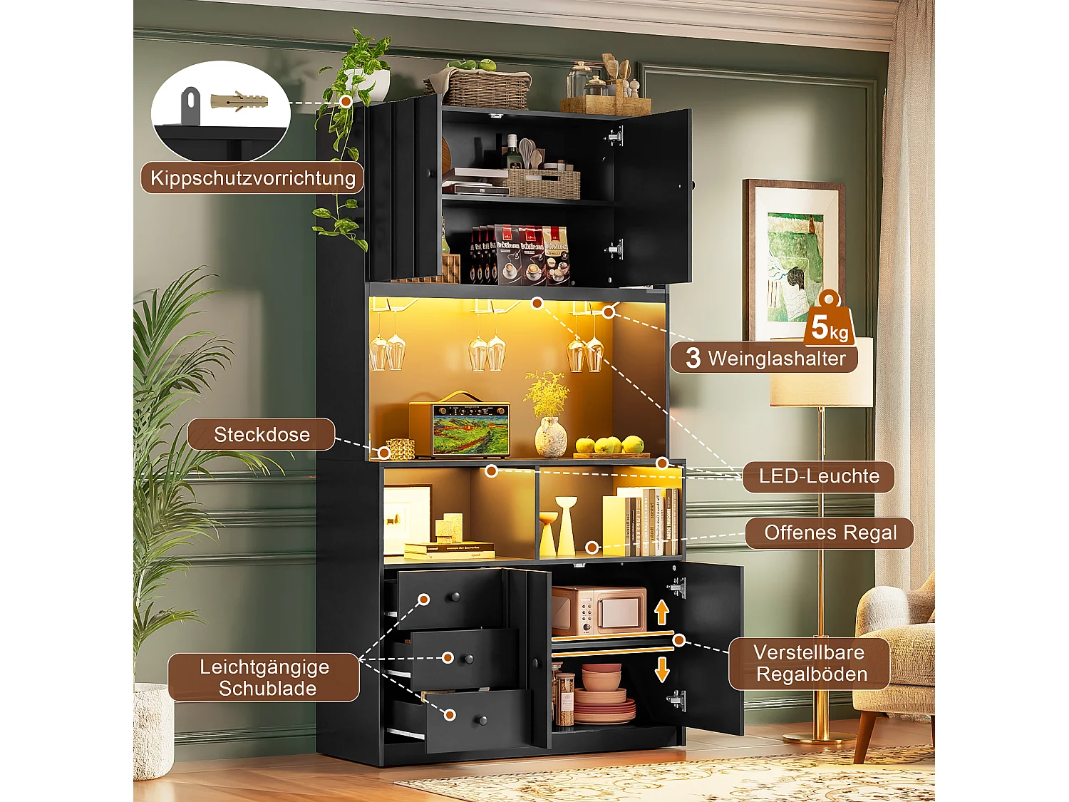 High kitchen sideboard with 5 doors, 1 drawer, LED lighting, electrical outlet, wine rack - MDF - 100 x 40 x 180 cm - Black