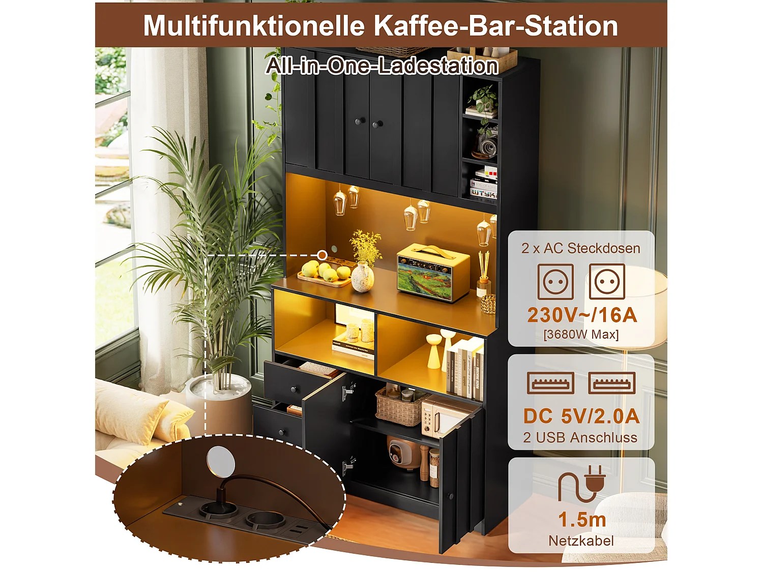 High kitchen sideboard with 5 doors, 1 drawer, LED lighting, electrical outlet, wine rack - MDF - 100 x 40 x 180 cm - Black