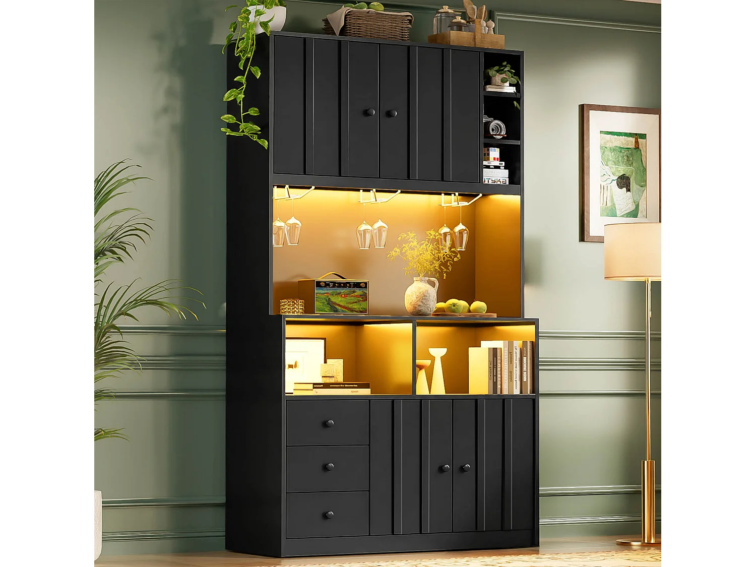 High kitchen sideboard with 5 doors, 1 drawer, LED lighting, electrical outlet, wine rack - MDF - 100 x 40 x 180 cm - Black