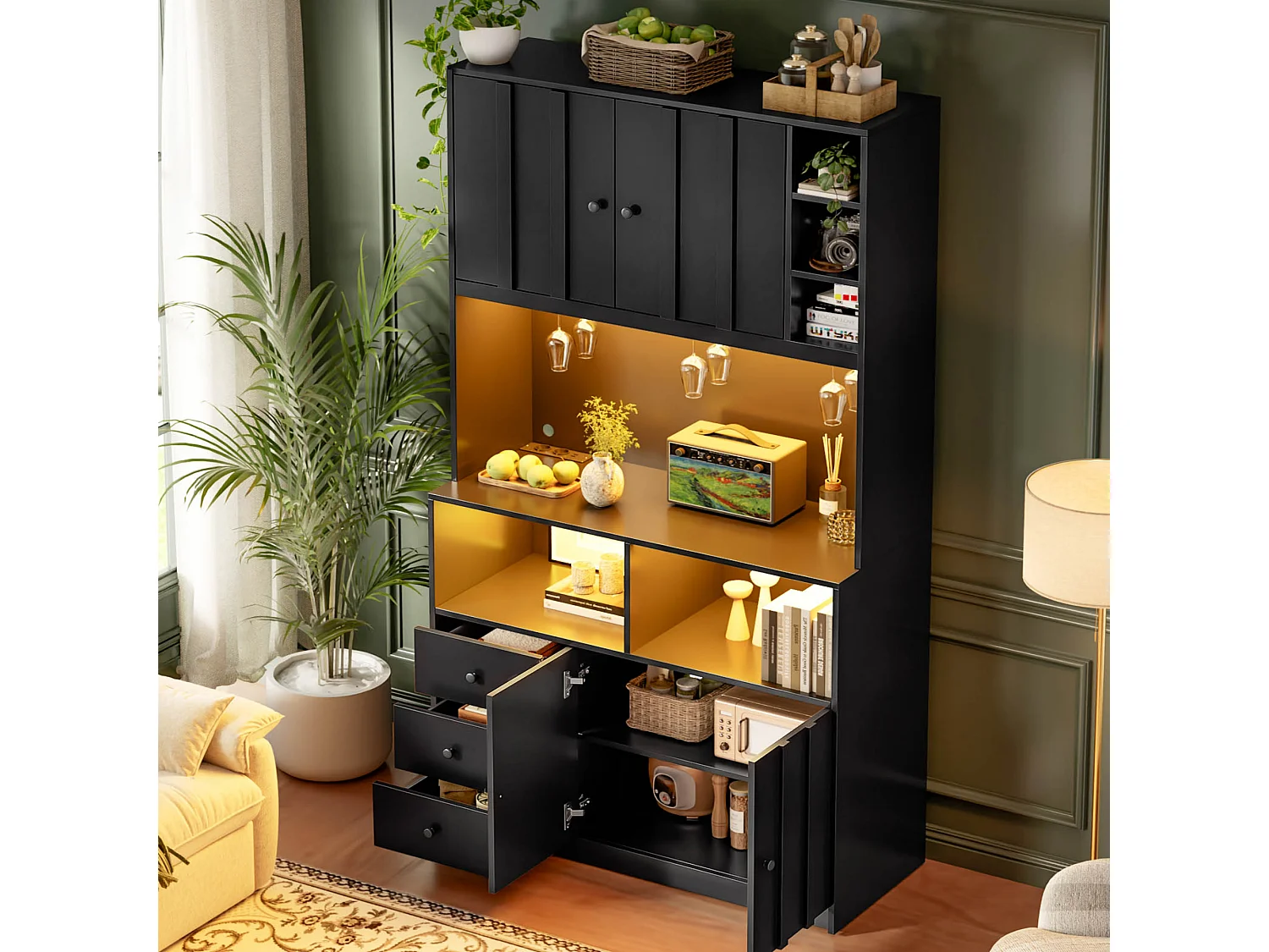 High kitchen sideboard with 5 doors, 1 drawer, LED lighting, electrical outlet, wine rack - MDF - 100 x 40 x 180 cm - Black