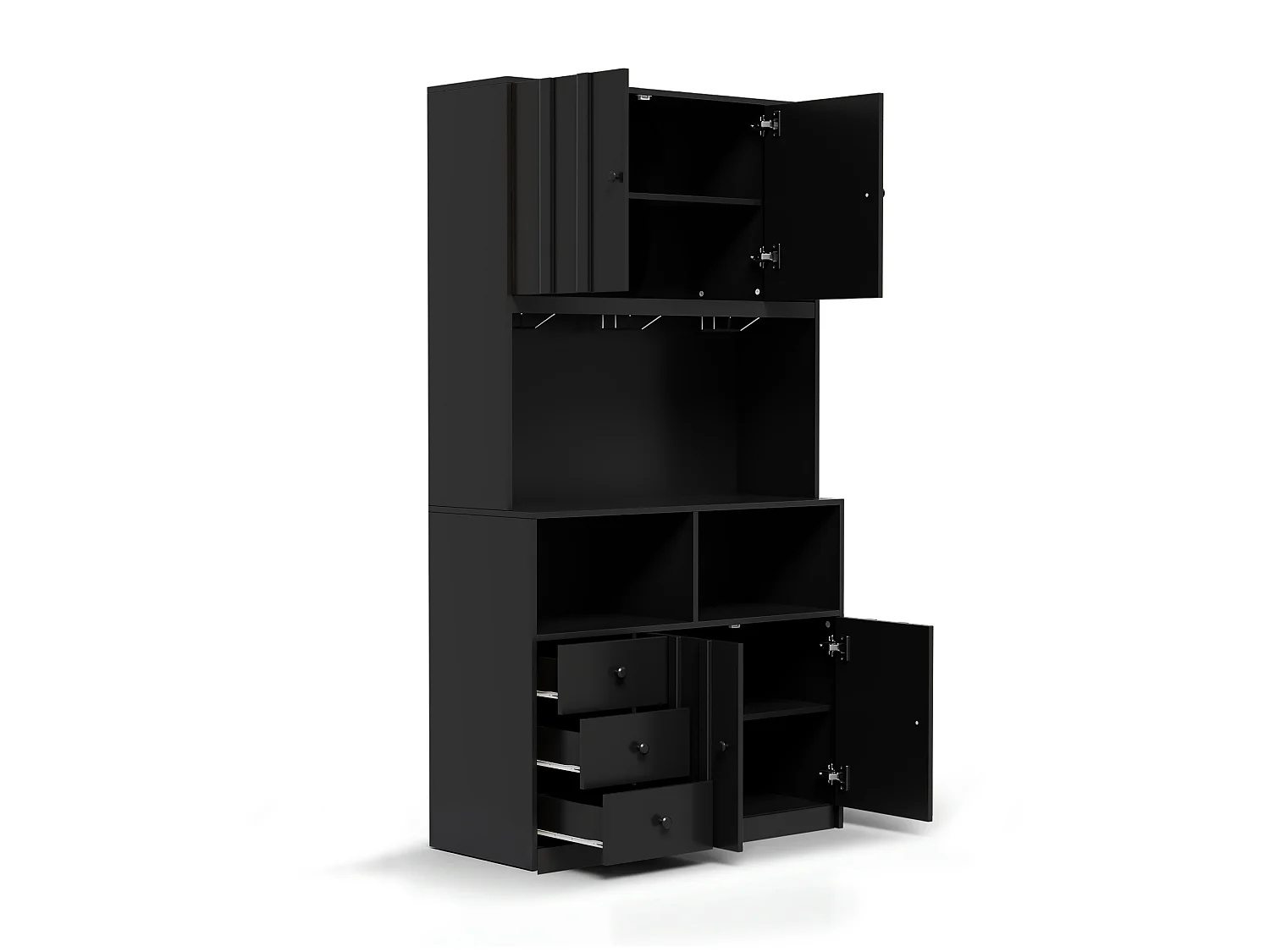 High kitchen sideboard with 5 doors, 1 drawer, LED lighting, electrical outlet, wine rack - MDF - 100 x 40 x 180 cm - Black