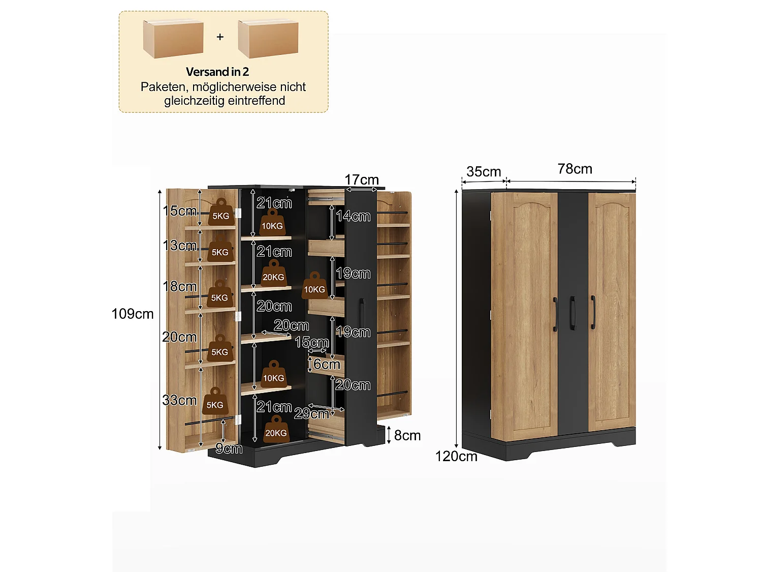 Kitchen sideboard with spice rack, 2 doors and 4-tier sliding storage - MDF - 78 x 35 x 120 cm - Black and natural wood