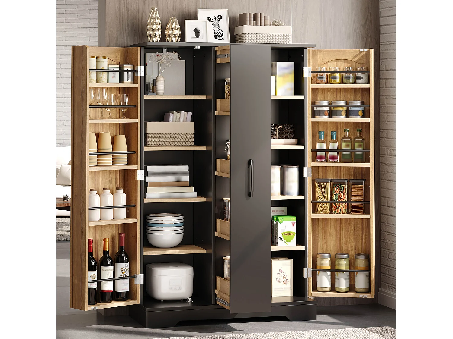 Kitchen sideboard with spice rack, 2 doors and 4-tier sliding storage - MDF - 78 x 35 x 120 cm - Black and natural wood
