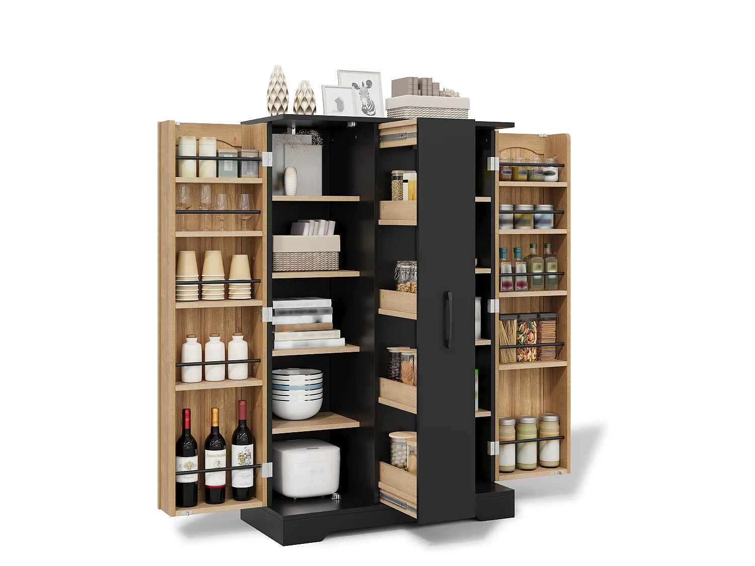 Kitchen sideboard with spice rack, 2 doors and 4-tier sliding storage - MDF - 78 x 35 x 120 cm - Black and natural wood