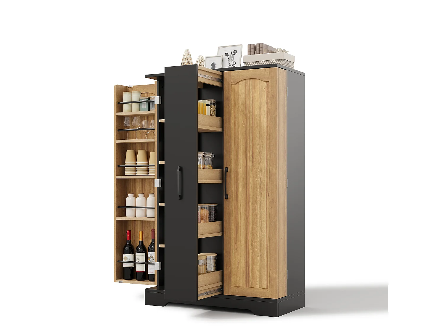 Kitchen sideboard with spice rack, 2 doors and 4-tier sliding storage - MDF - 78 x 35 x 120 cm - Black and natural wood