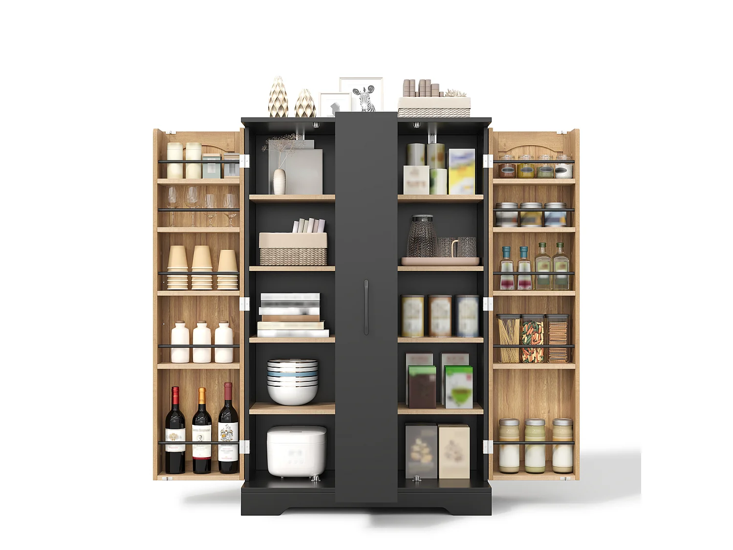 Kitchen sideboard with spice rack, 2 doors and 4-tier sliding storage - MDF - 78 x 35 x 120 cm - Black and natural wood
