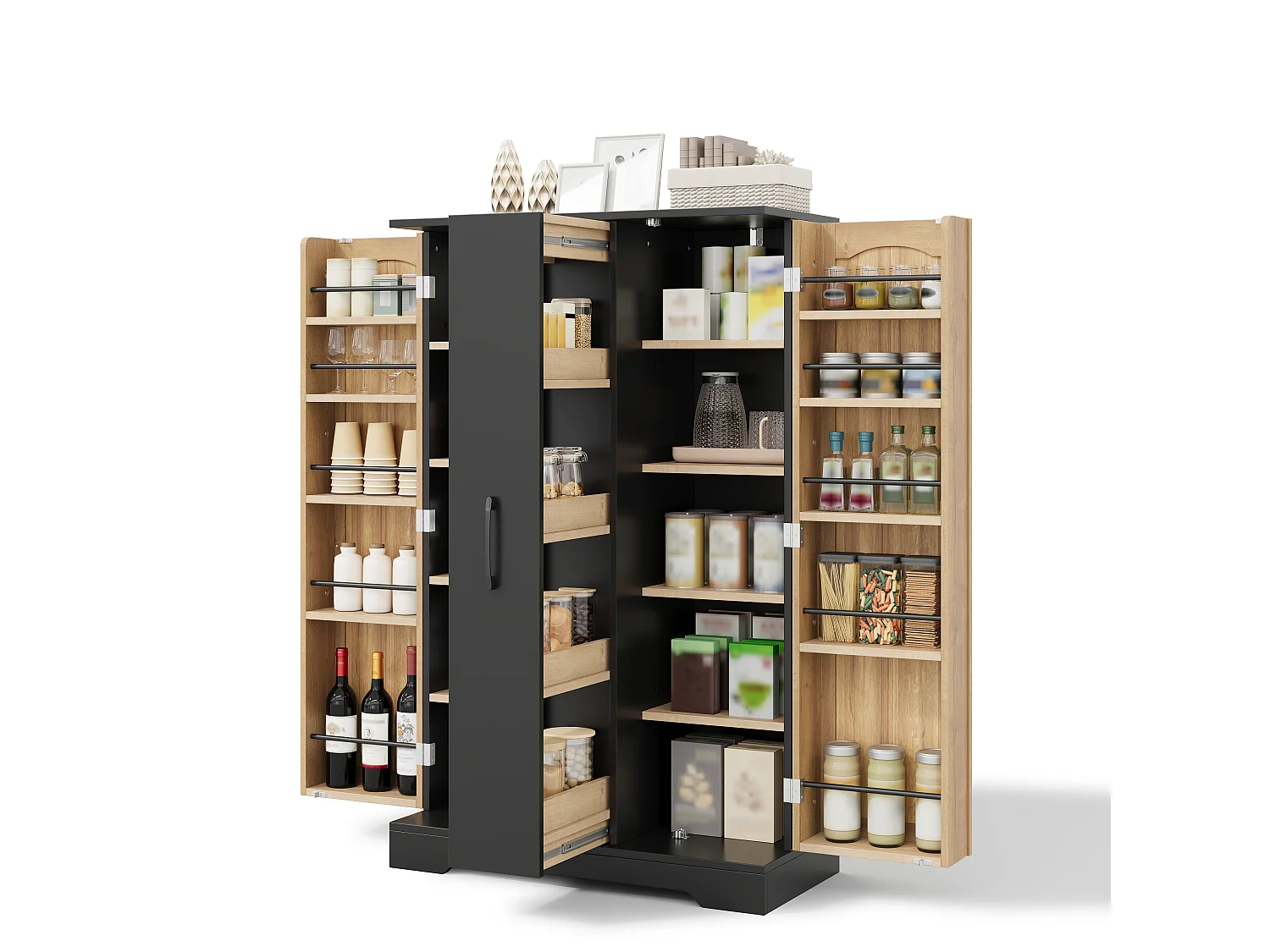 Kitchen sideboard with spice rack, 2 doors and 4-tier sliding storage - MDF - 78 x 35 x 120 cm - Black and natural wood