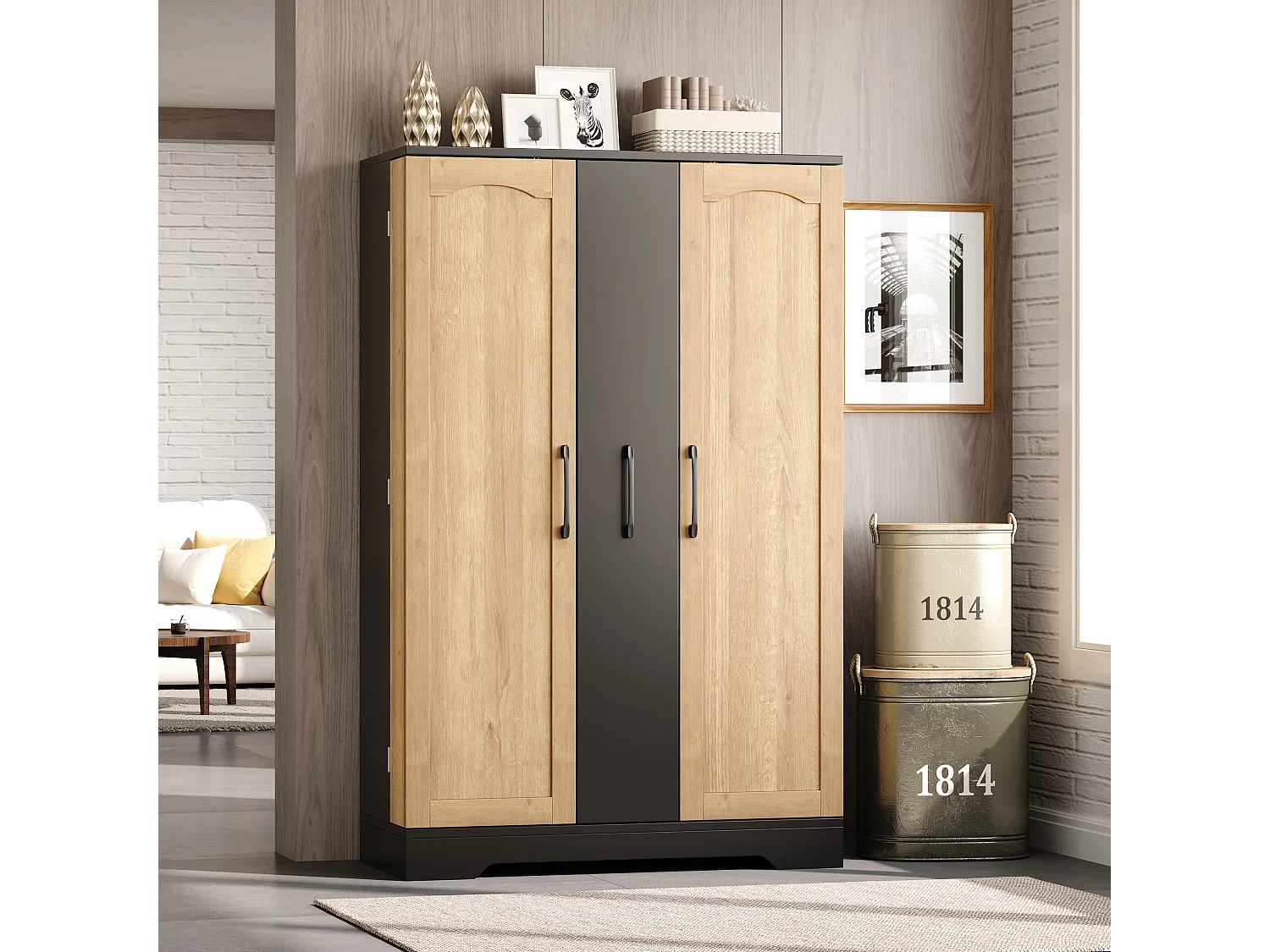 Kitchen sideboard with spice rack, 2 doors and 4-tier sliding storage - MDF - 78 x 35 x 120 cm - Black and natural wood
