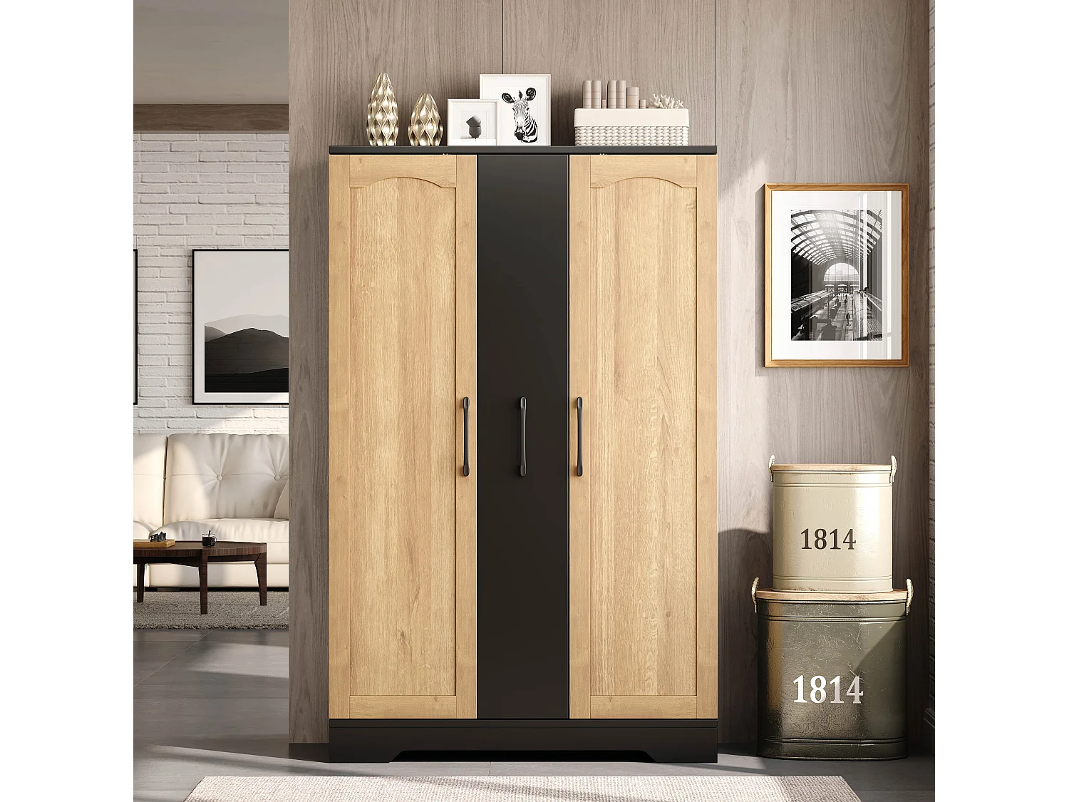 Kitchen sideboard with spice rack, 2 doors and 4-tier sliding storage - MDF - 78 x 35 x 120 cm - Black and natural wood
