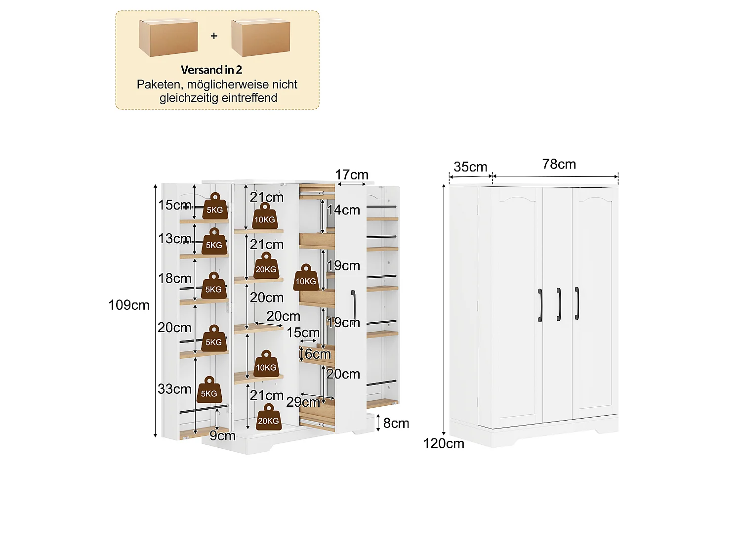 Kitchen sideboard with spice rack, 2 doors and 4-tier sliding storage - MDF - 78 x 35 x 120 cm - White