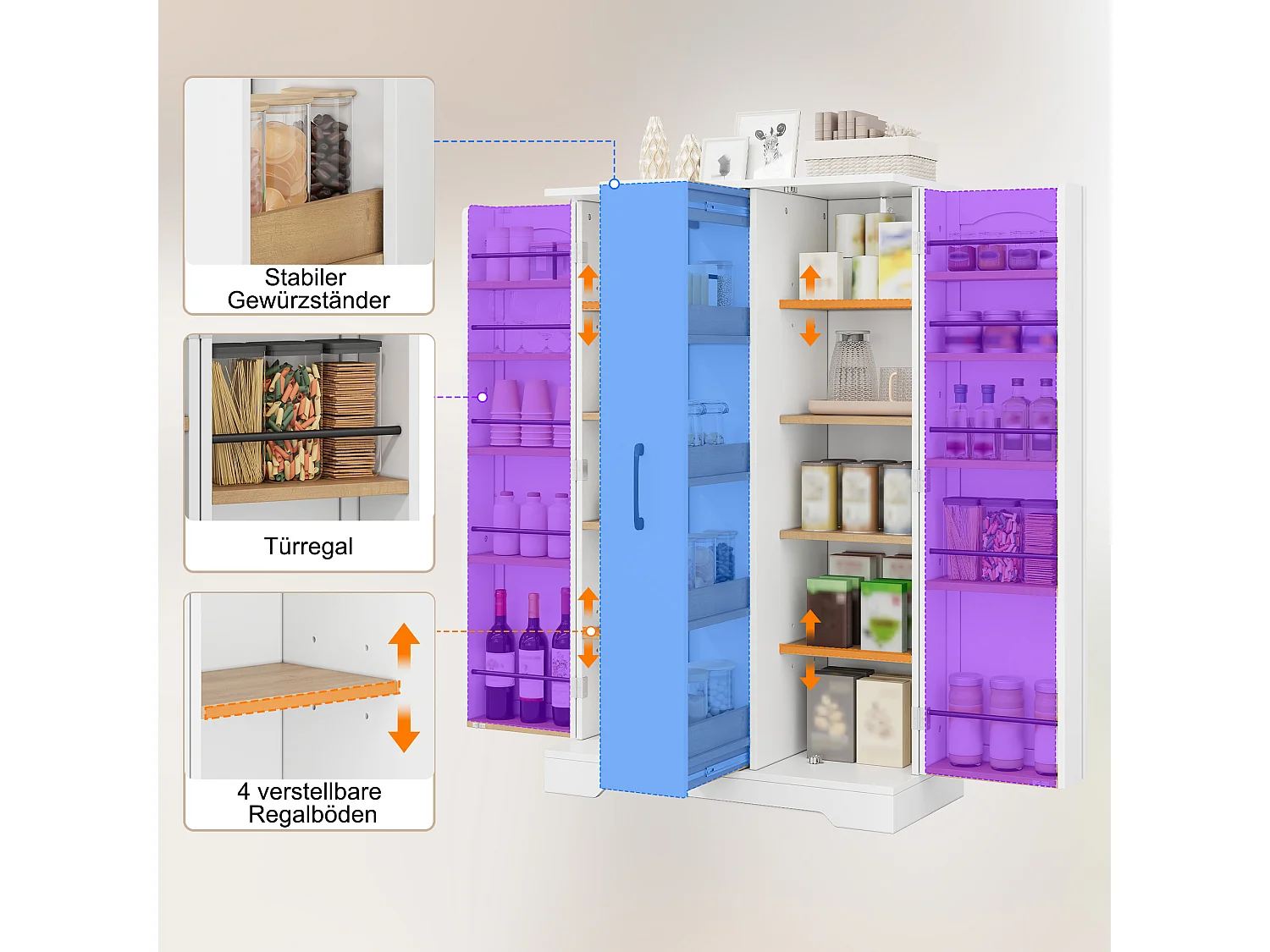 Kitchen sideboard with spice rack, 2 doors and 4-tier sliding storage - MDF - 78 x 35 x 120 cm - White