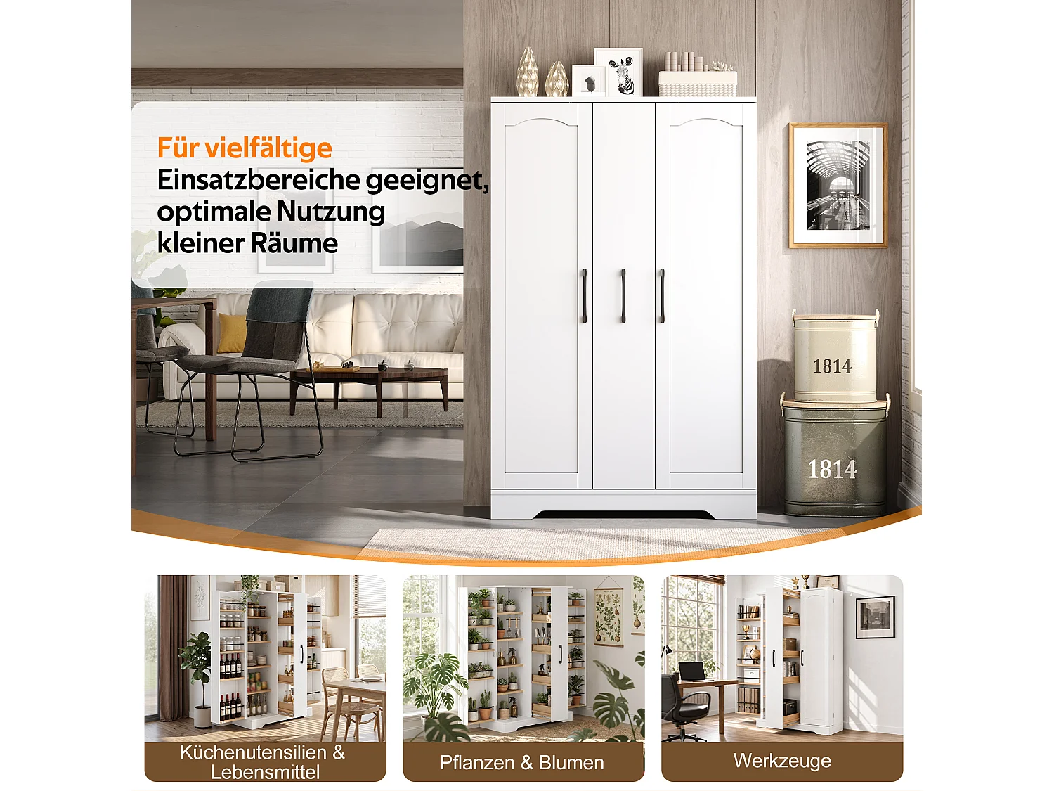 Kitchen sideboard with spice rack, 2 doors and 4-tier sliding storage - MDF - 78 x 35 x 120 cm - White