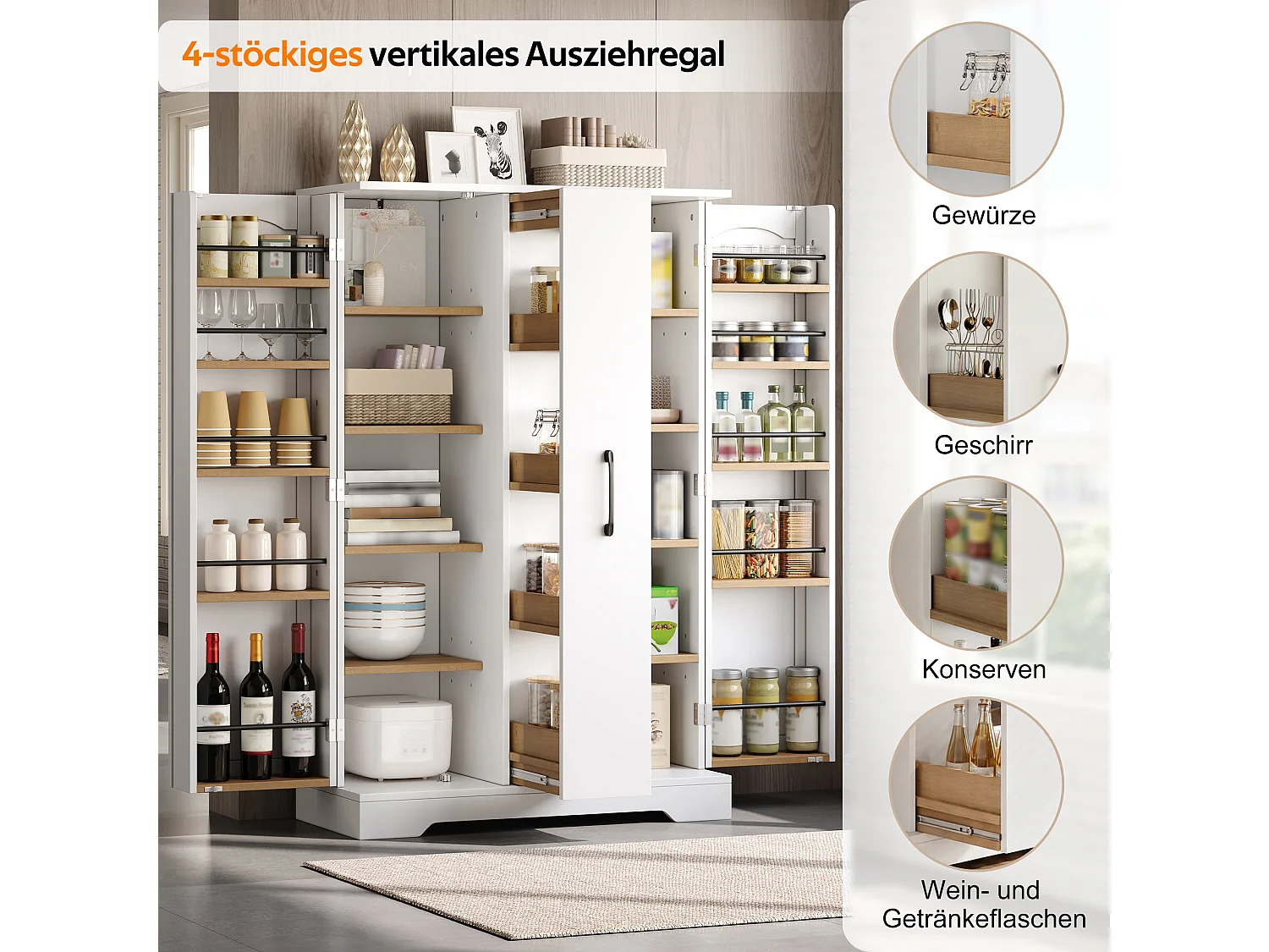 Kitchen sideboard with spice rack, 2 doors and 4-tier sliding storage - MDF - 78 x 35 x 120 cm - White