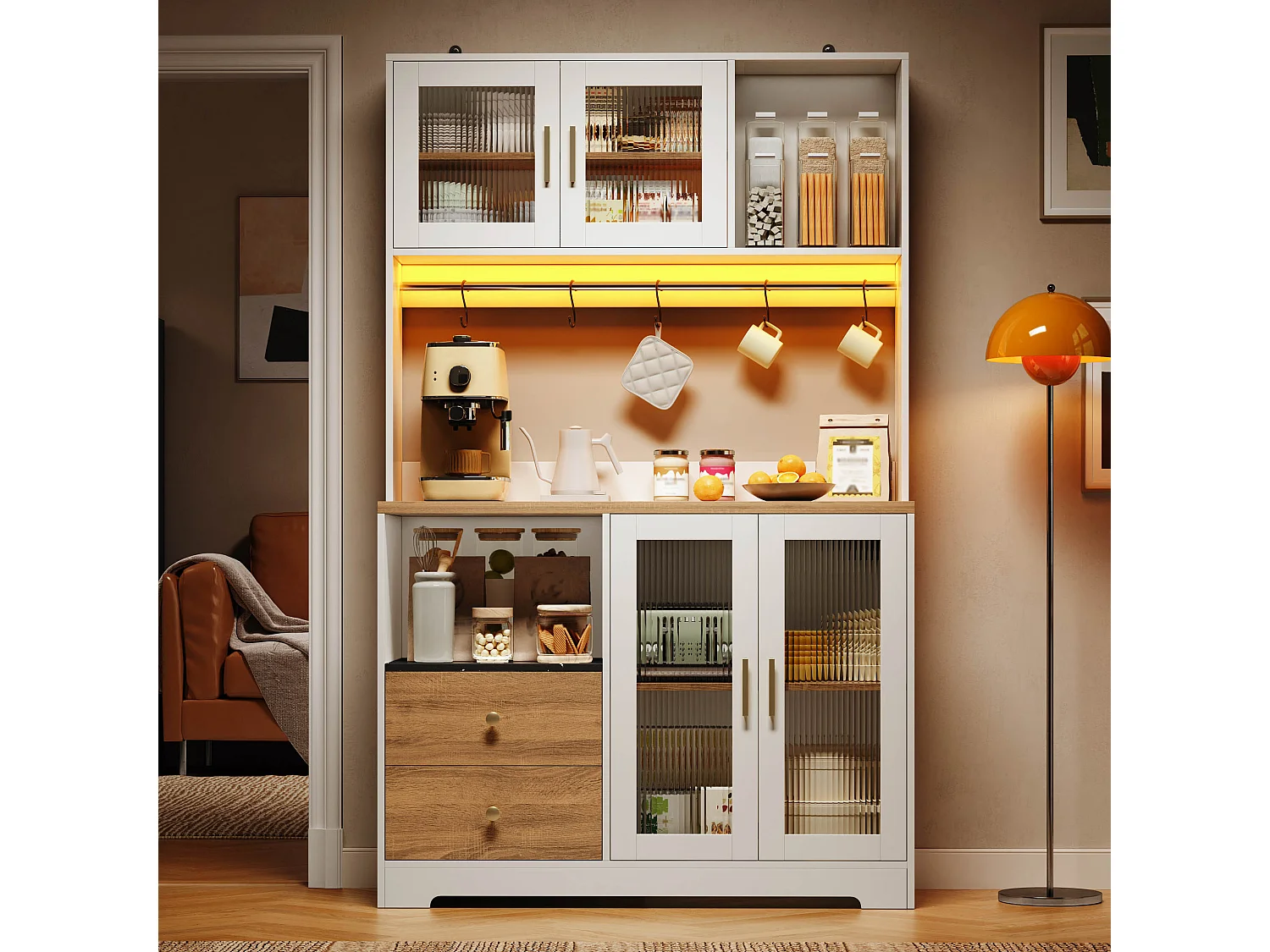 High kitchen sideboard with LED lighting, electrical outlet, 4 doors, wine rack - MDF and glass - 110 x 40 x 178 cm - White and natural wood