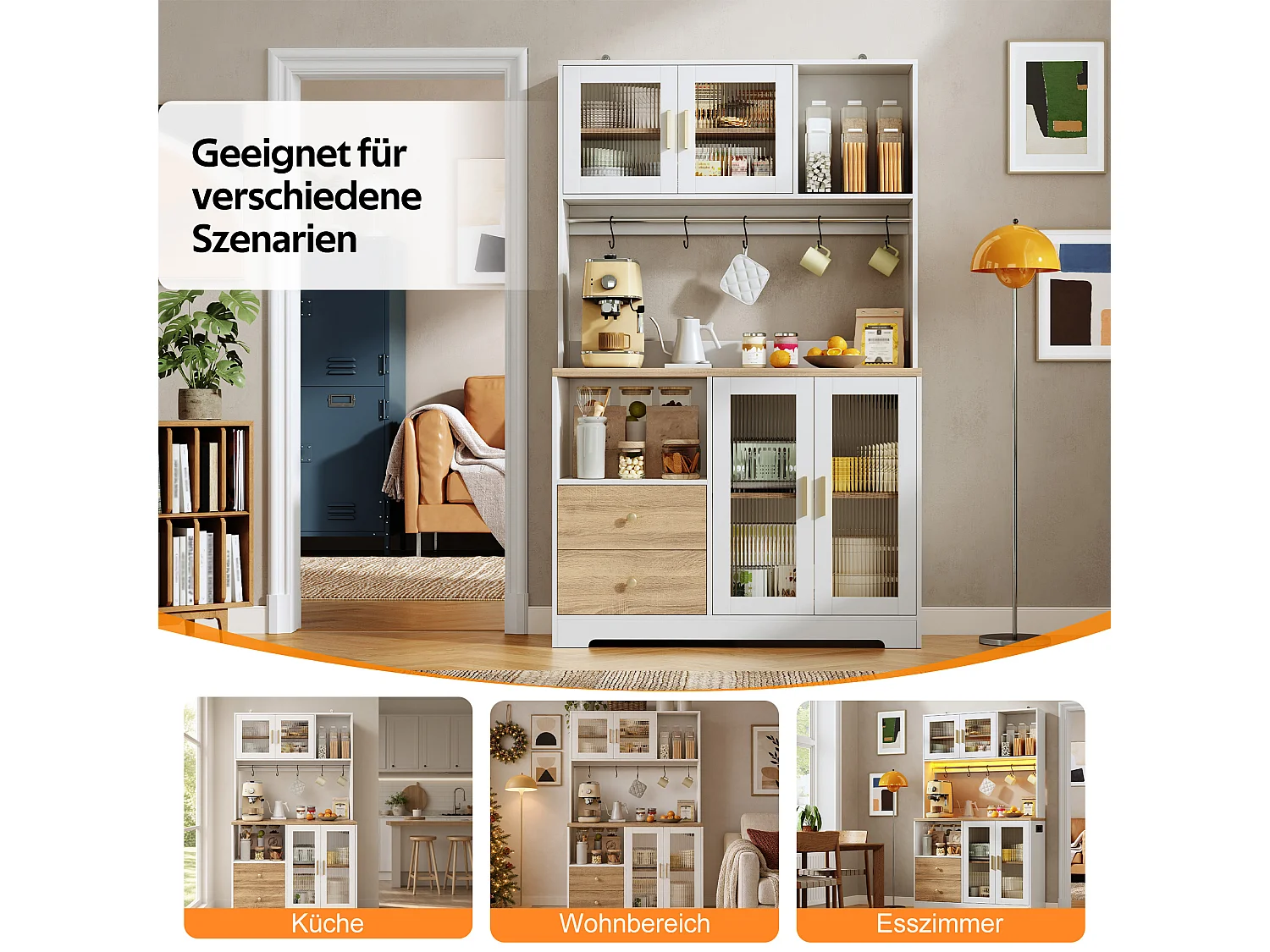 High kitchen sideboard with LED lighting, electrical outlet, 4 doors, wine rack - MDF and glass - 110 x 40 x 178 cm - White and natural wood