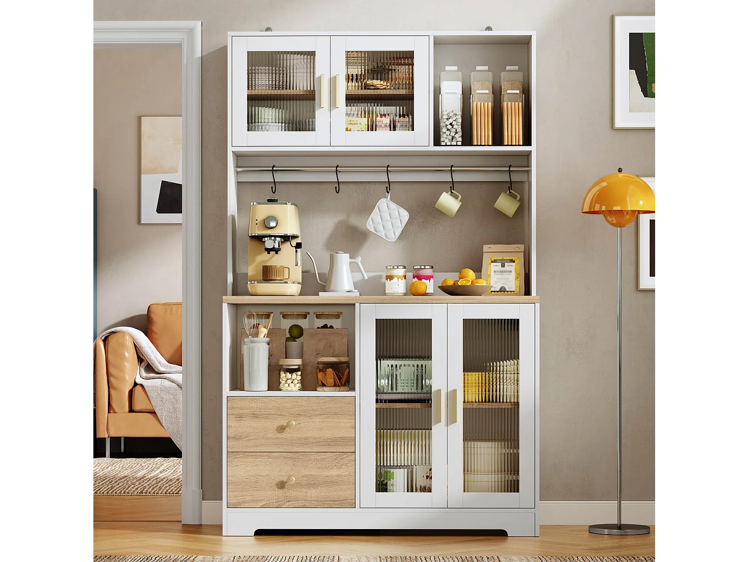 High kitchen sideboard with LED lighting, electrical outlet, 4 doors, wine rack - MDF and glass - 110 x 40 x 178 cm - White and natural wood