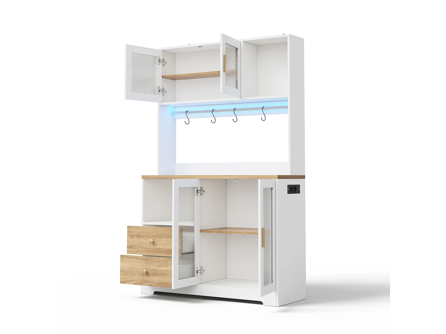 High kitchen sideboard with LED lighting, electrical outlet, 4 doors, wine rack - MDF and glass - 110 x 40 x 178 cm - White and natural wood