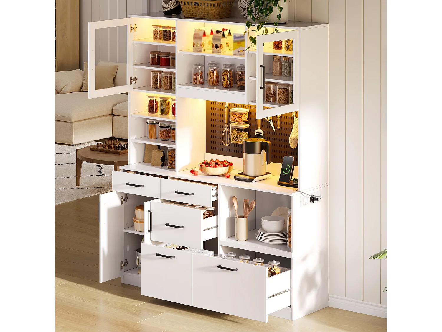 High kitchen sideboard with LED lighting, electrical outlet, 4 doors, 5 drawers and perforated panel - MDF and glass - 145 x 40 x 185 cm - White
