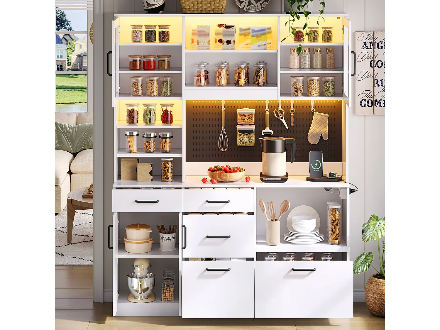 High kitchen sideboard with LED lighting, electrical outlet, 4 doors, 5 drawers and perforated panel - MDF and glass - 145 x 40 x 185 cm - White