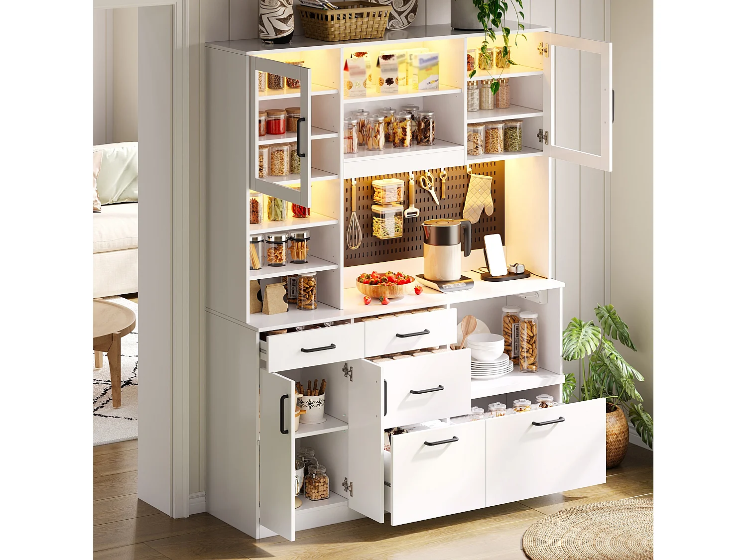 High kitchen sideboard with LED lighting, electrical outlet, 4 doors, 5 drawers and perforated panel - MDF and glass - 145 x 40 x 185 cm - White