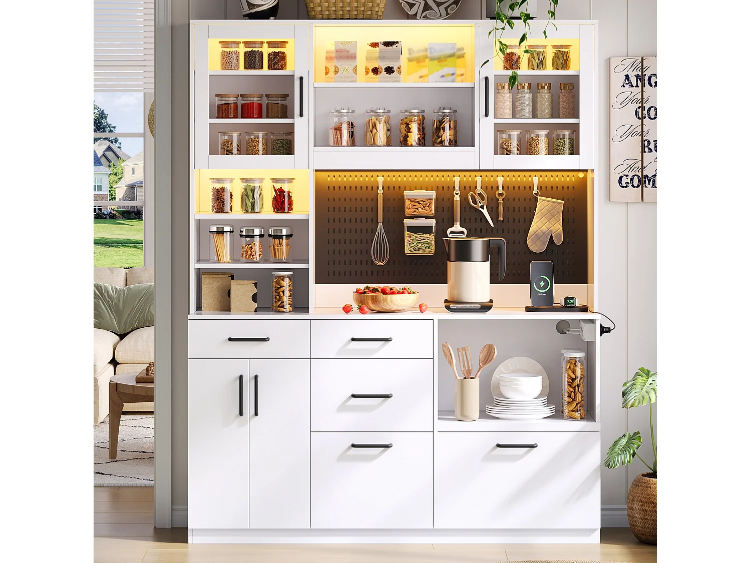 High kitchen sideboard with LED lighting, electrical outlet, 4 doors, 5 drawers and perforated panel - MDF and glass - 145 x 40 x 185 cm - White