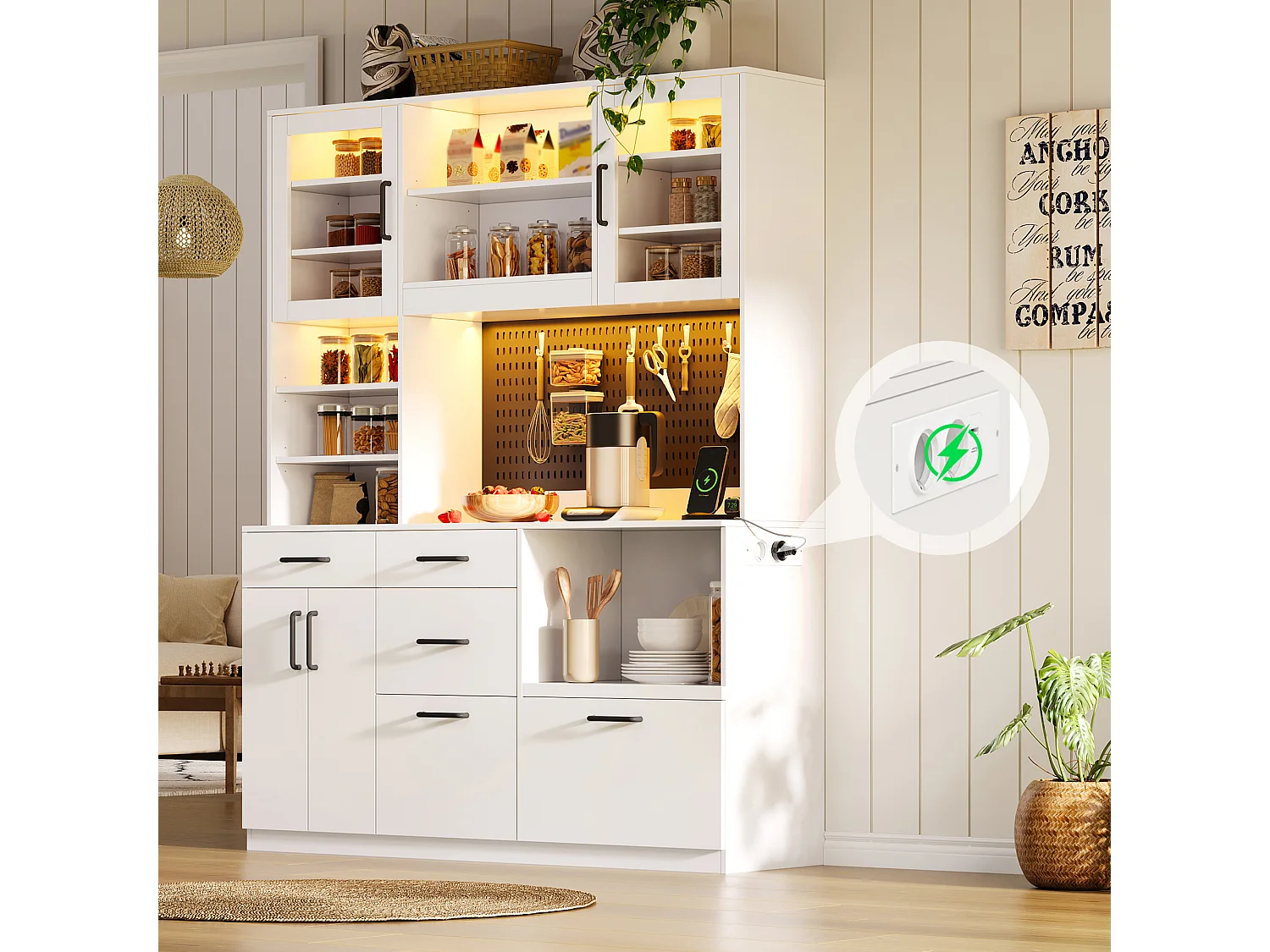 High kitchen sideboard with LED lighting, electrical outlet, 4 doors, 5 drawers and perforated panel - MDF and glass - 145 x 40 x 185 cm - White