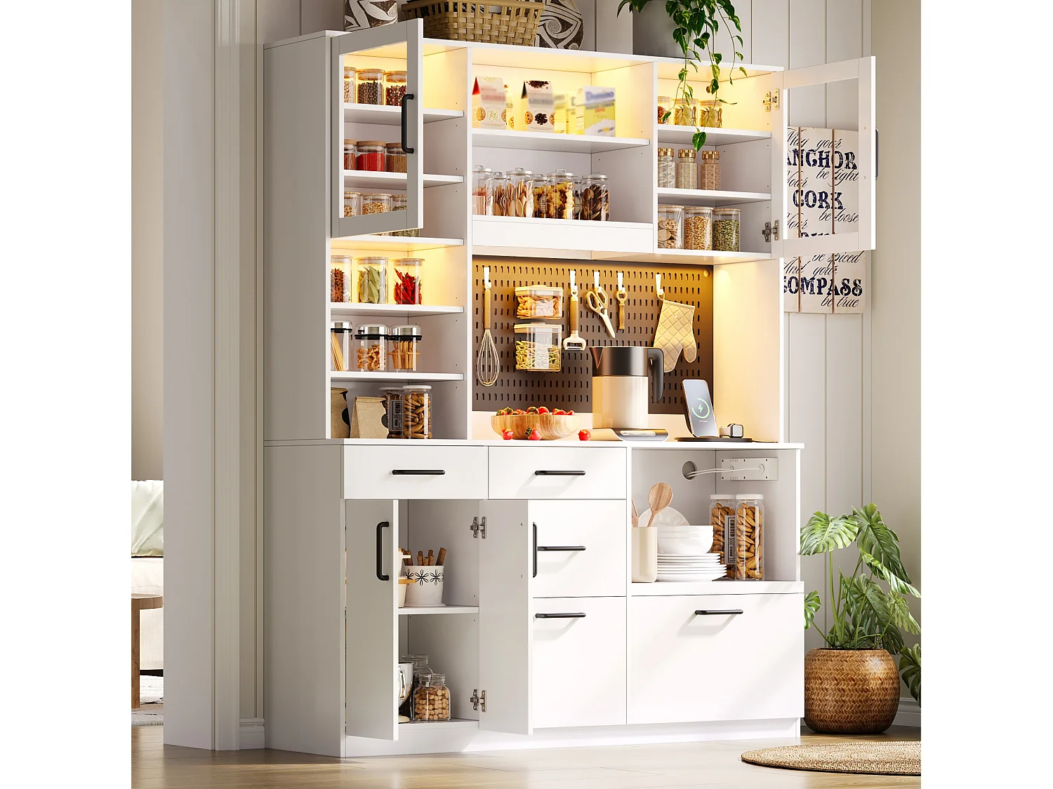 High kitchen sideboard with LED lighting, electrical outlet, 4 doors, 5 drawers and perforated panel - MDF and glass - 145 x 40 x 185 cm - White