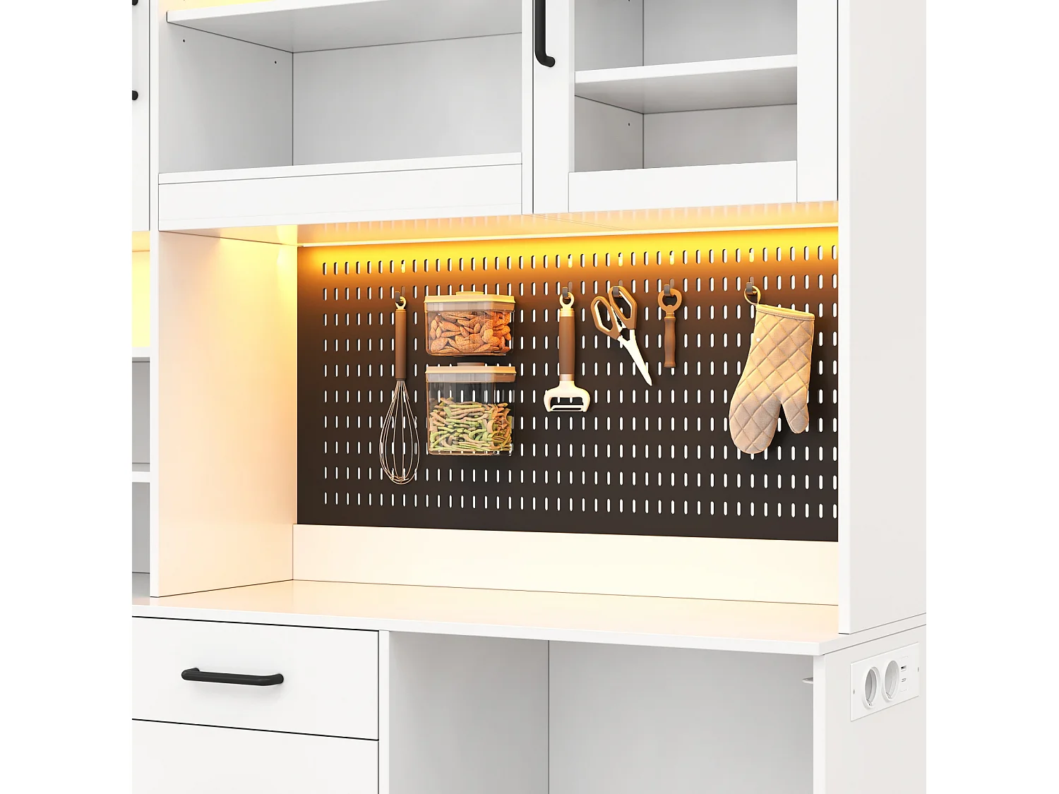 High kitchen sideboard with LED lighting, electrical outlet, 4 doors, 5 drawers and perforated panel - MDF and glass - 145 x 40 x 185 cm - White