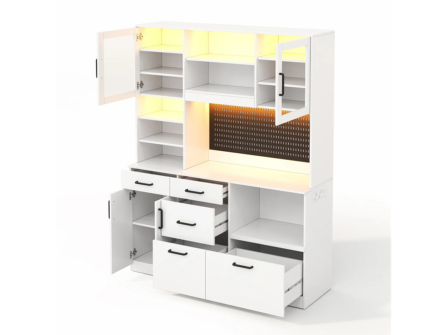 High kitchen sideboard with LED lighting, electrical outlet, 4 doors, 5 drawers and perforated panel - MDF and glass - 145 x 40 x 185 cm - White