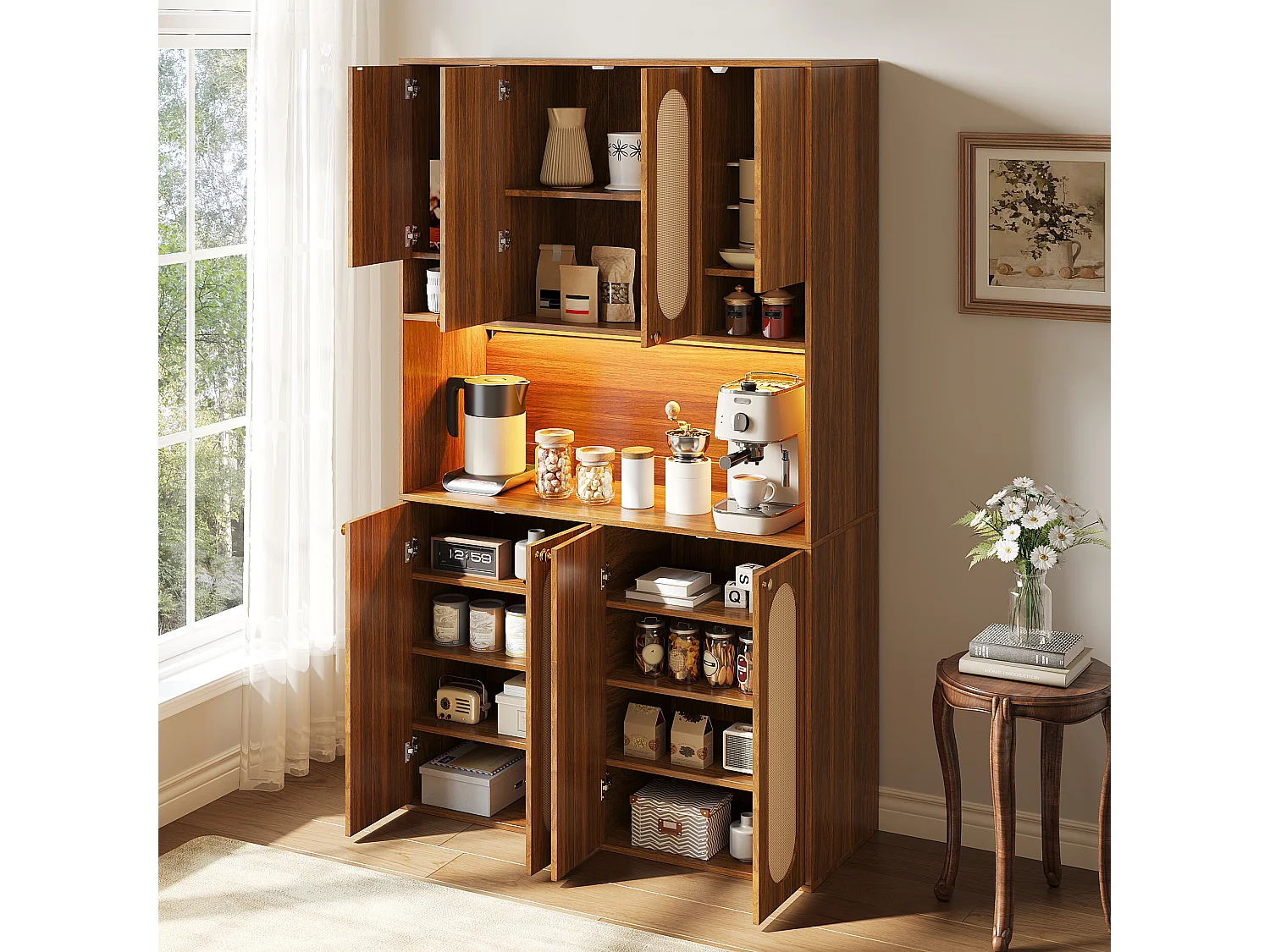 High kitchen sideboard with 8 doors, PE rattan insert, open bar area and LED lighting - MDF - 106 × 40 × 178 cm - Natural wood
