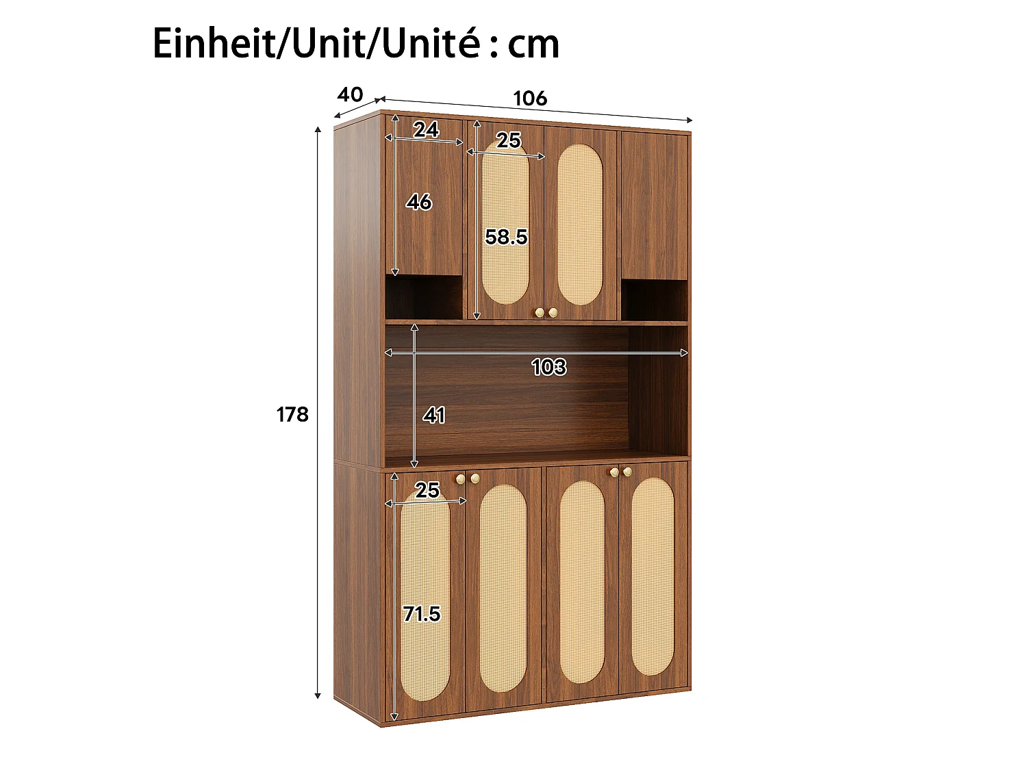 High kitchen sideboard with 8 doors, PE rattan insert, open bar area and LED lighting - MDF - 106 × 40 × 178 cm - Natural wood