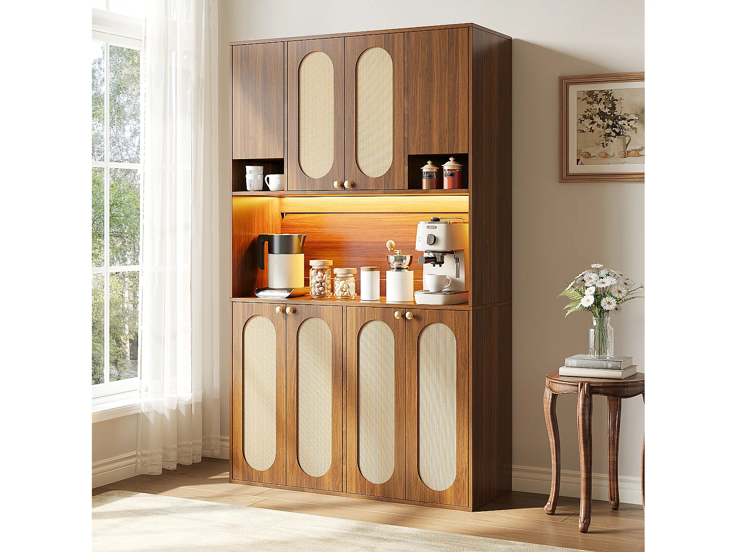 High kitchen sideboard with 8 doors, PE rattan insert, open bar area and LED lighting - MDF - 106 × 40 × 178 cm - Natural wood