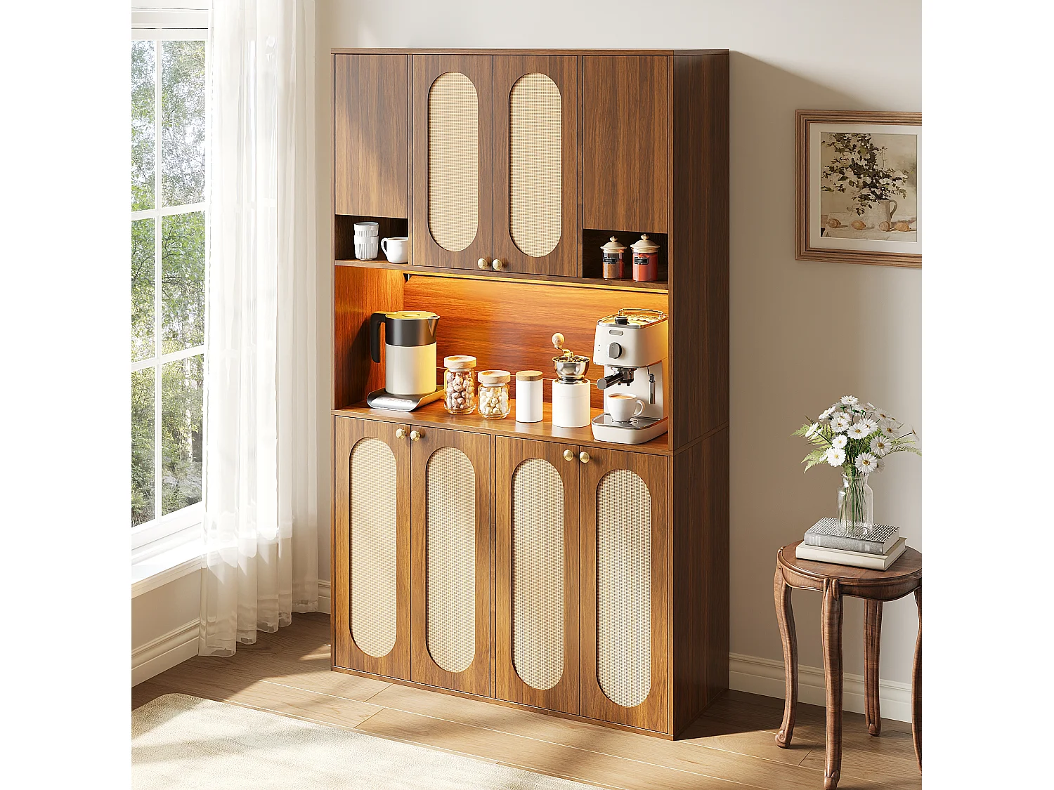 High kitchen sideboard with 8 doors, PE rattan insert, open bar area and LED lighting - MDF - 106 × 40 × 178 cm - Natural wood