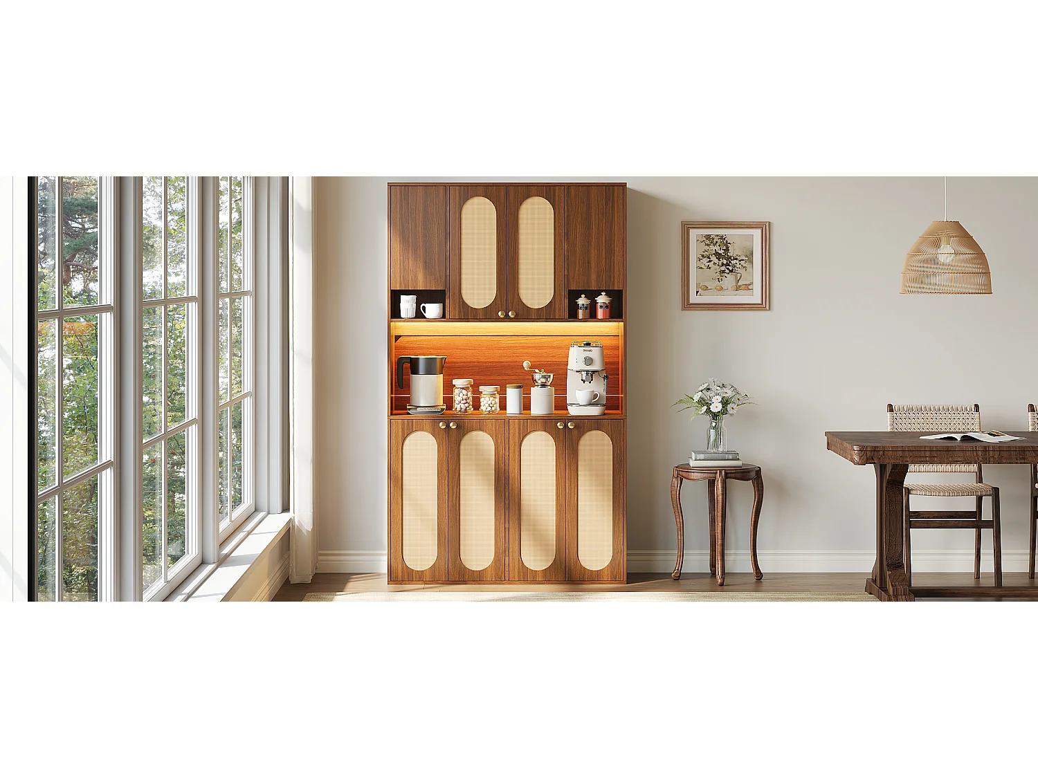 High kitchen sideboard with 8 doors, PE rattan insert, open bar area and LED lighting - MDF - 106 × 40 × 178 cm - Natural wood