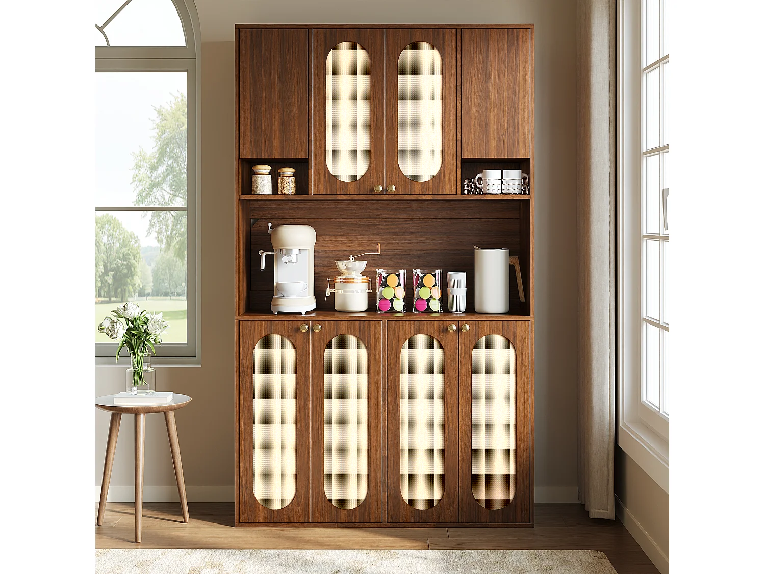 High kitchen sideboard with 8 doors, PE rattan insert, open bar area and LED lighting - MDF - 106 × 40 × 178 cm - Natural wood