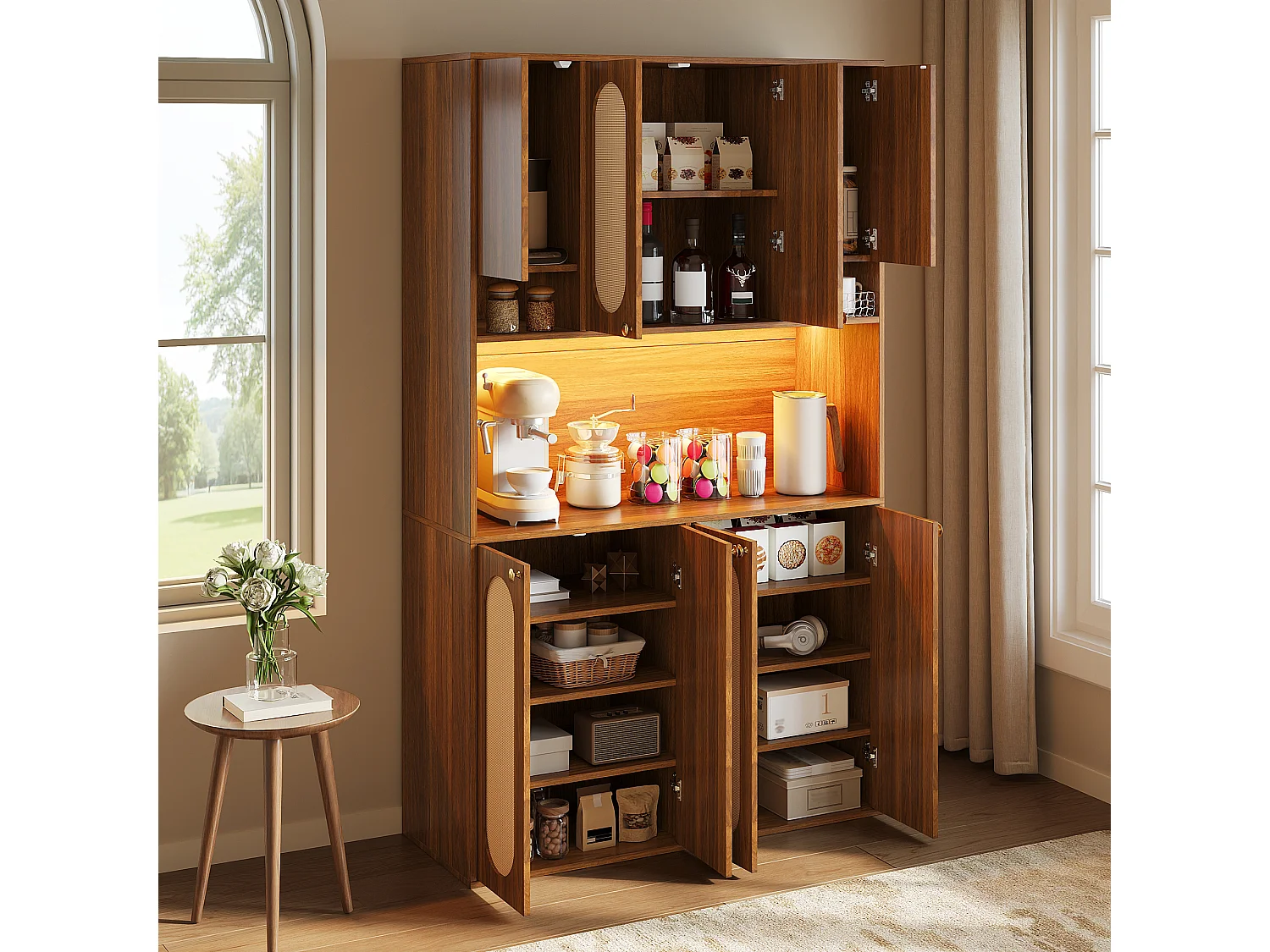 High kitchen sideboard with 8 doors, PE rattan insert, open bar area and LED lighting - MDF - 106 × 40 × 178 cm - Natural wood