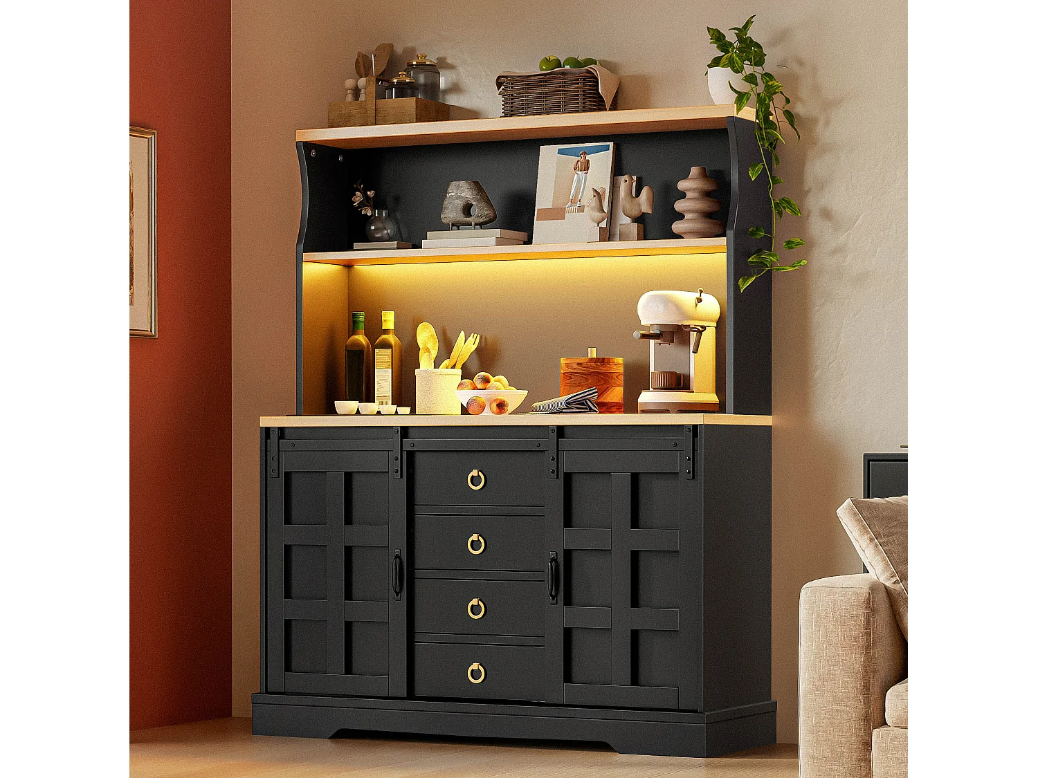 Kitchen sideboard with LED lighting, power outlets, USB ports, wine rack, 4 drawers and 2 sliding doors - MDF - 120x40x150 cm - Black